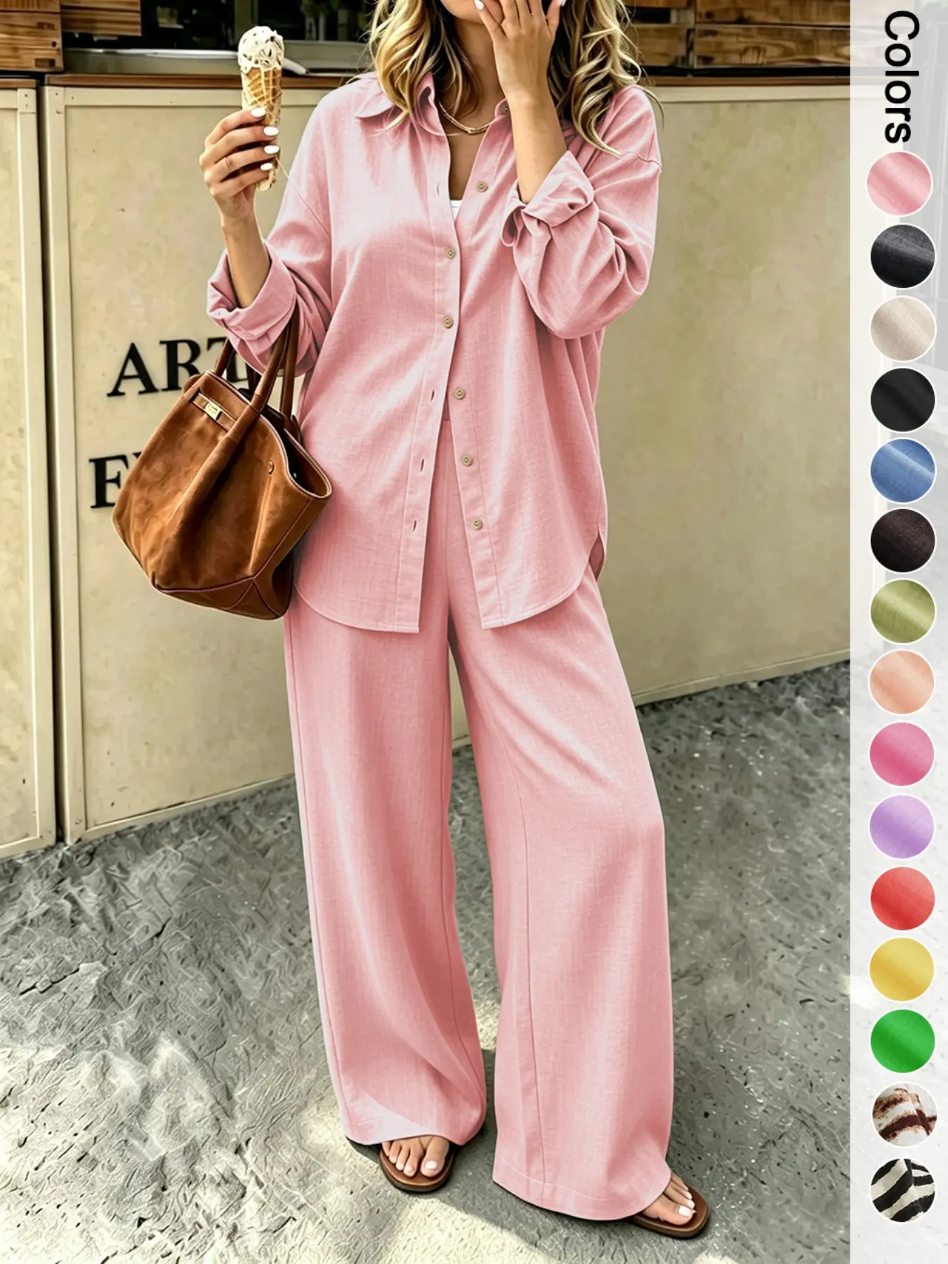 Women's 2-Piece Set Loose Long Sleeve Shirt and Pants, Casual Home Wear, Vacation Cover-Up, Wide Leg Pants, Comfortable
