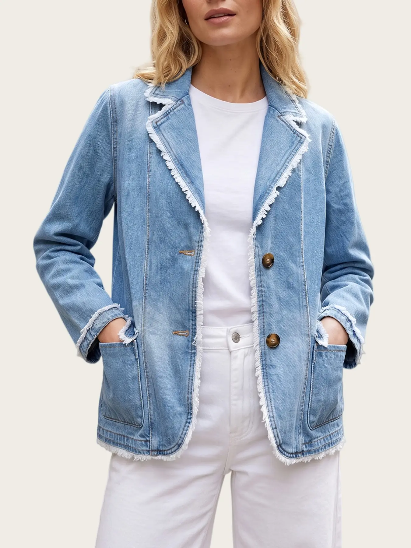 Women's Blazer Lapel Denim Jacket, Frayed Edge Tassels, Long Sleeve Front Button Pockets, Light Wash Casual Denim Blazer