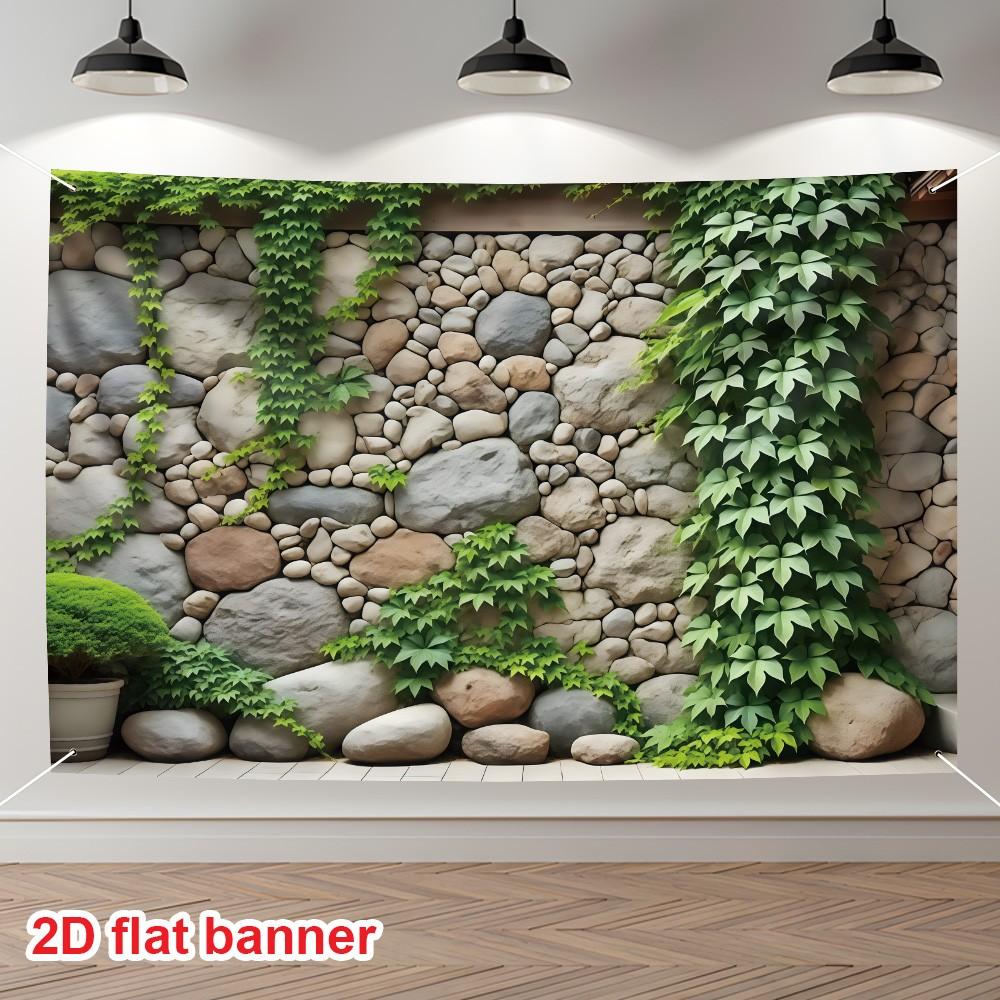 2D Banner, Realistic Stone Wall Plant Background Cloth, Outdoor Garden Courtyard Decoration, Durable Polyester Material, Easy to Hang