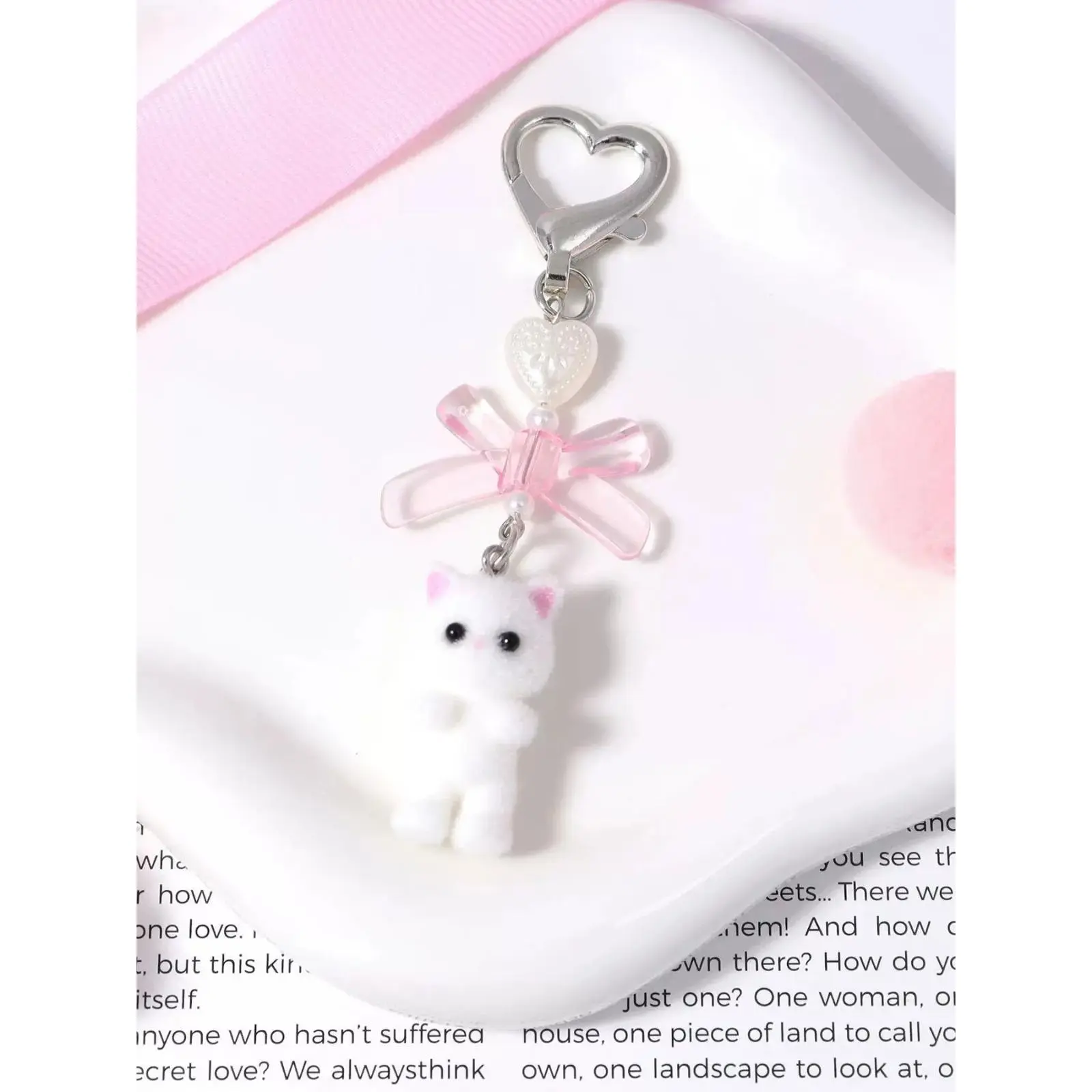 Kawaii Kitty Aesthetic Vibe Soft Plush Keychain for Women and Girls, Coquette Bow Accessory with Fuzzy Cat Contour for Bag Decoration, Purse Styling, and Daily Gifting
