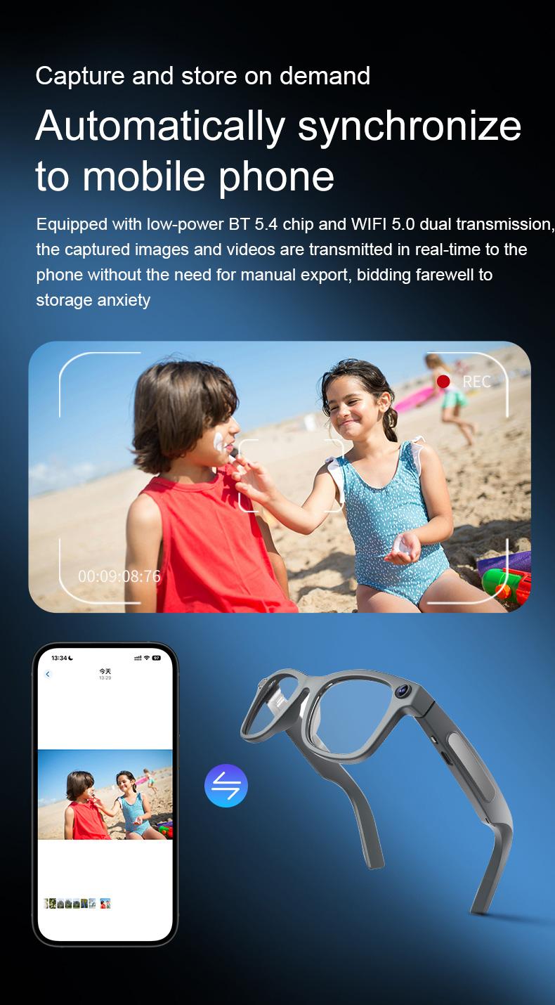 Smart Bluetooth Glasses with HD Camera, 1080p Video Recording Wearable Smart Glasses, Anti-shake Shooting Outdoor Sports Camera Sunglasses, Multifunctional Wireless Audio Glasses with Intelligent Voice Assistant, Built-in Earphone Anti-blue Light Eyeglass
