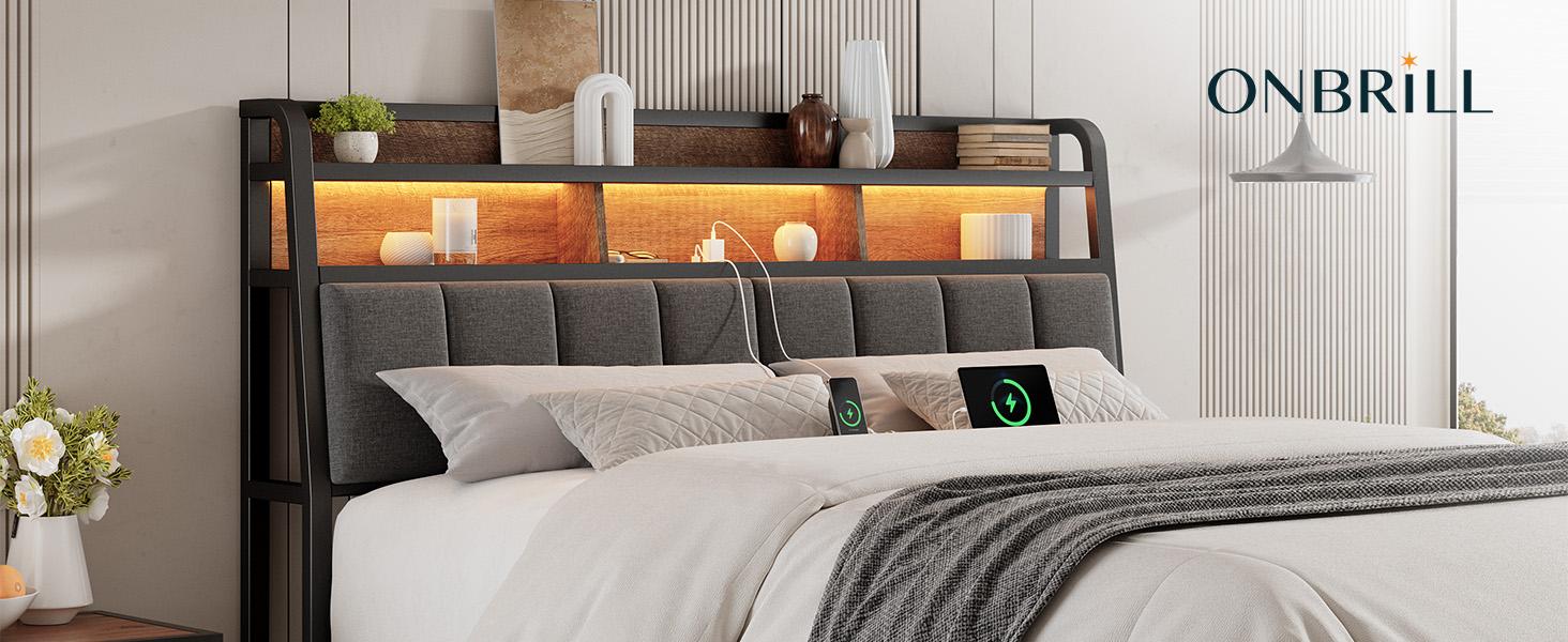 【SPOTLIGHT DAY】ONBRILL Ergonomic Headboard for Queen Size Bed with 2-Tier Storage, Upholstered Headboards with Outlets, USB Ports, LED Light, Queen Head Board Only, Height Adjustable, Sturdy and Stable