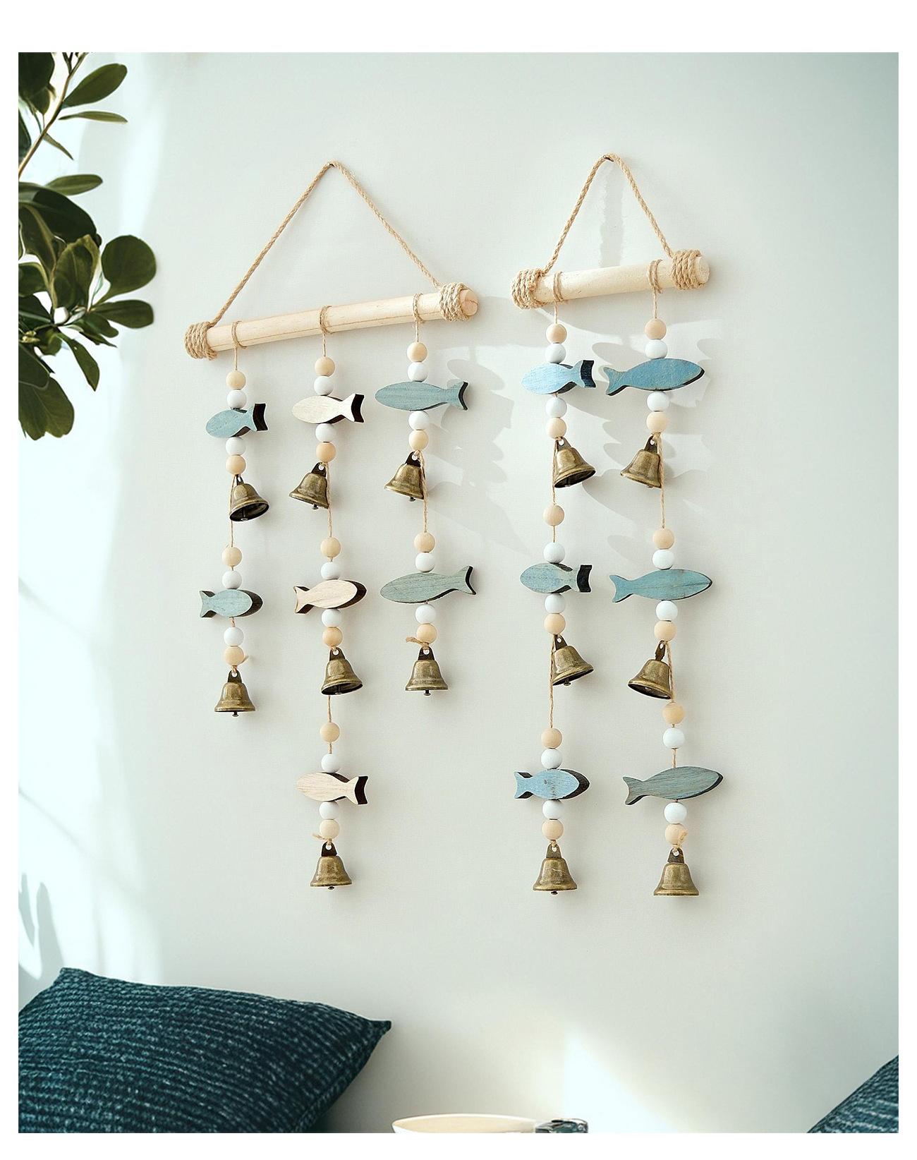 New Product Mediterranean Style Double-Sided Fish String Bell Wind Chime Pendant Wall Decoration Solid Wood Hemp Rope Creative Nordic Wall Hanging Ornament Home Decor Ornaments Wall Hanging Design