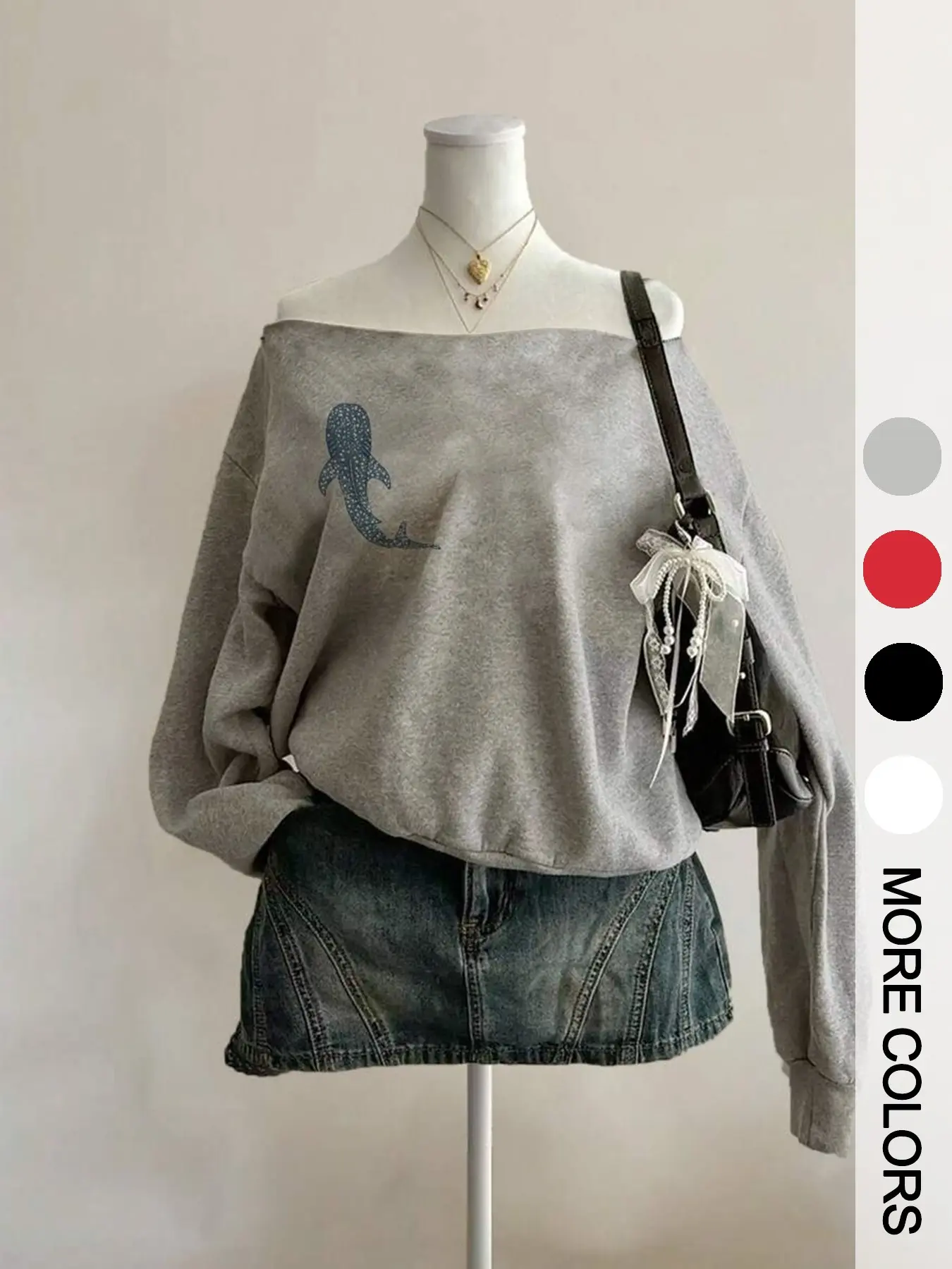 Korean Style Soft Casual One-Shoulder Whale Print Sweatshirt for Women, Loose Fit Lazy Shoulder Long Sleeve Top, Fall & Winter Outerwear