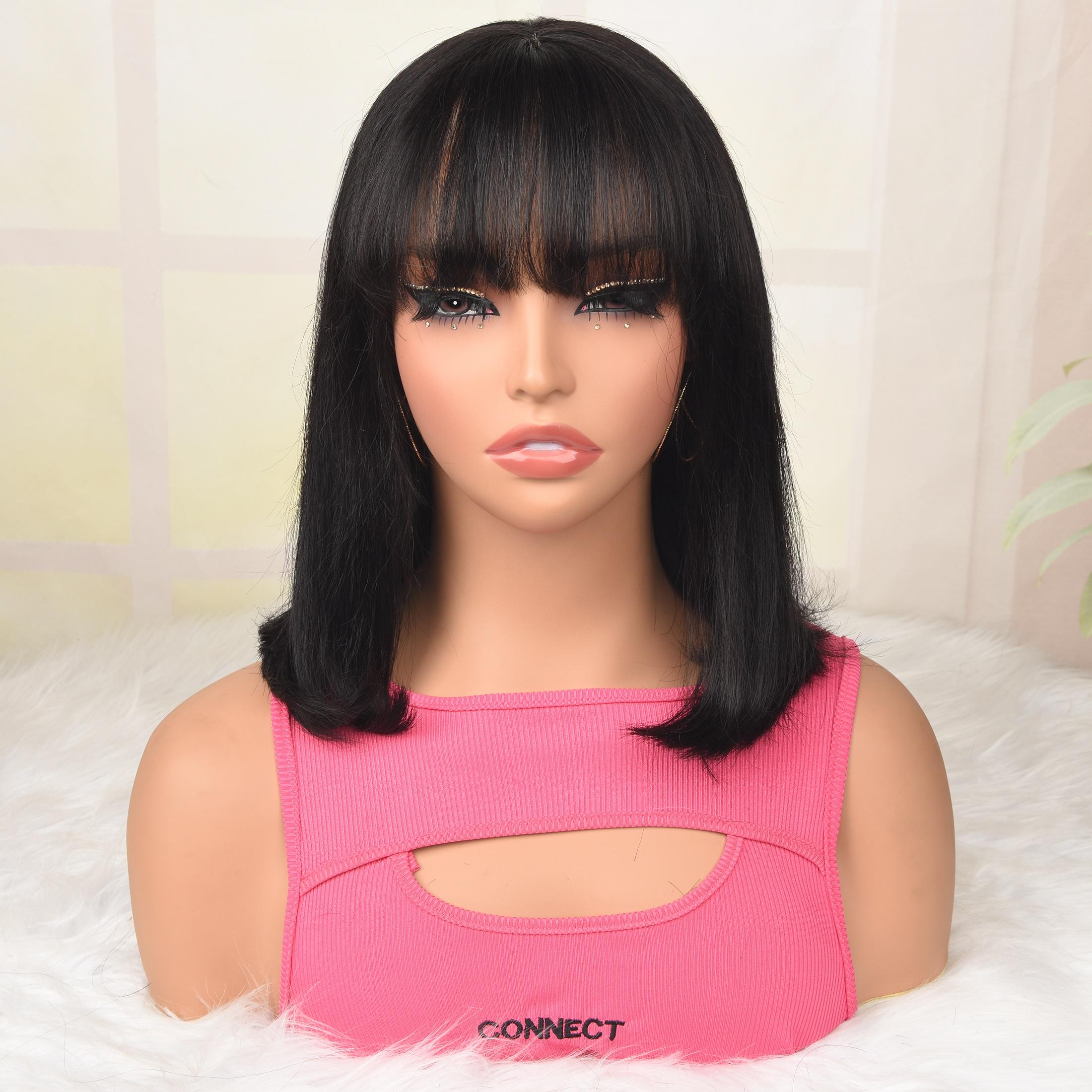 Bob Wig Human Hair With Bangs Glueless Straight 4x1 Transparent Lace Bob Wigs With Upgrade Breathable Bangs Natural Color for Women