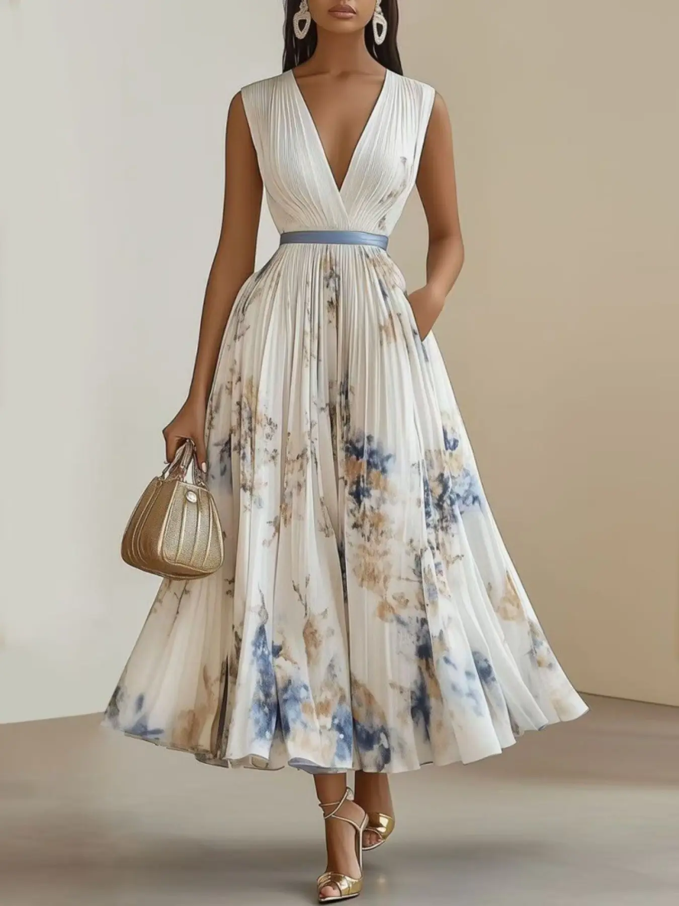 2026 New Summer Fashion Vintage Floral Print Dress, V Neck Long Sleeve Fitted Party Gown, Elegant and Chic Design, Formal