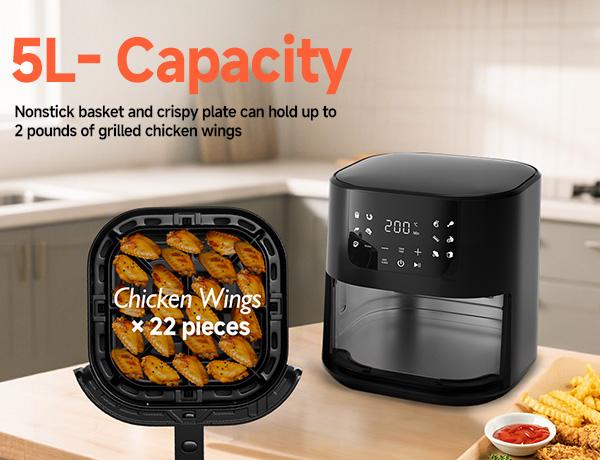 Comhoma Air Fryer 8-in-1 with 5 QT Capacity,180°-400°F Precision Heating, Air Fry, Roast, Broil, Reheats, Dehydrates, Less Oil, Features Shake Reminder, Large Touch Display with Auto Menus