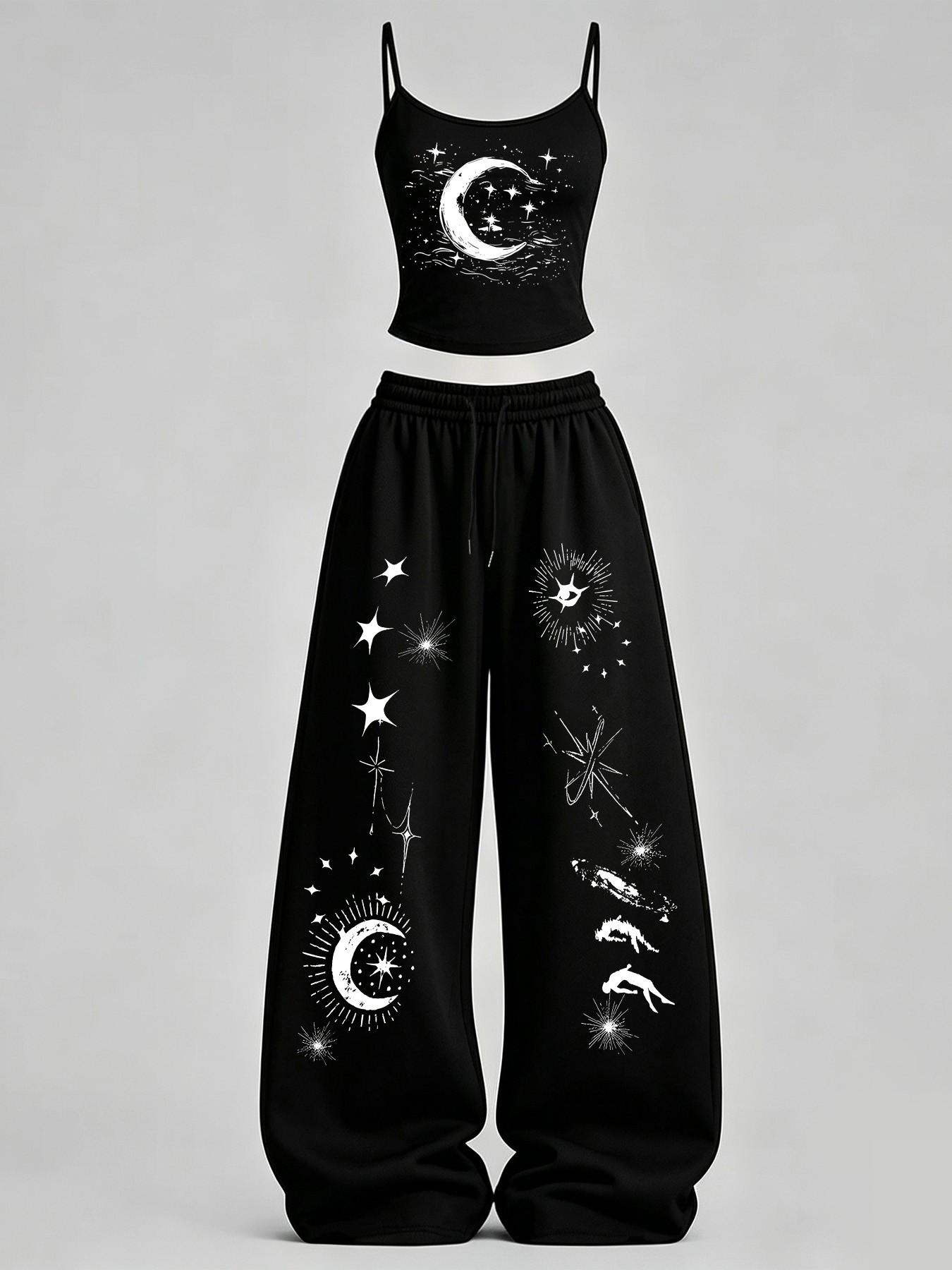 Women's Casual Home Wear Set, Star Moon Print Slim Fit Top + Loose Baggy Pants, Y2K Street Style, for Daily Commute, Campus, Home Relaxation Women's Casual Home Wear Set, Star Moon Print Slim Fit Top + Loose Baggy Pants, Y2K Street Style, for Daily Commute, Campus, Home Relaxation