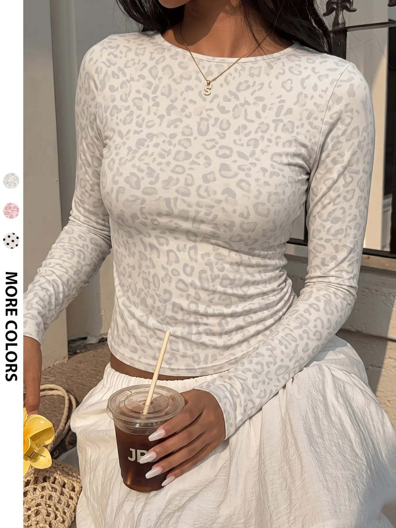 Women's Casual Light Gray Leopard Print Fitted Long Sleeve Cropped Top, Stretchy Skin-Friendly Fabric, Summer Style, Casual Street Fashion, Pink Leopard Options, Perfect For Streetwear, Commute, Date & More