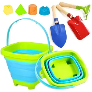 Collapsible Beach Toys for Kids Foldable Sand Buckets and Shovels Set, Collapsible Beach Buckets and 3pcs Metal Shovels with 4pcs Sand Moulds for Boys Girls Summer Beach Party