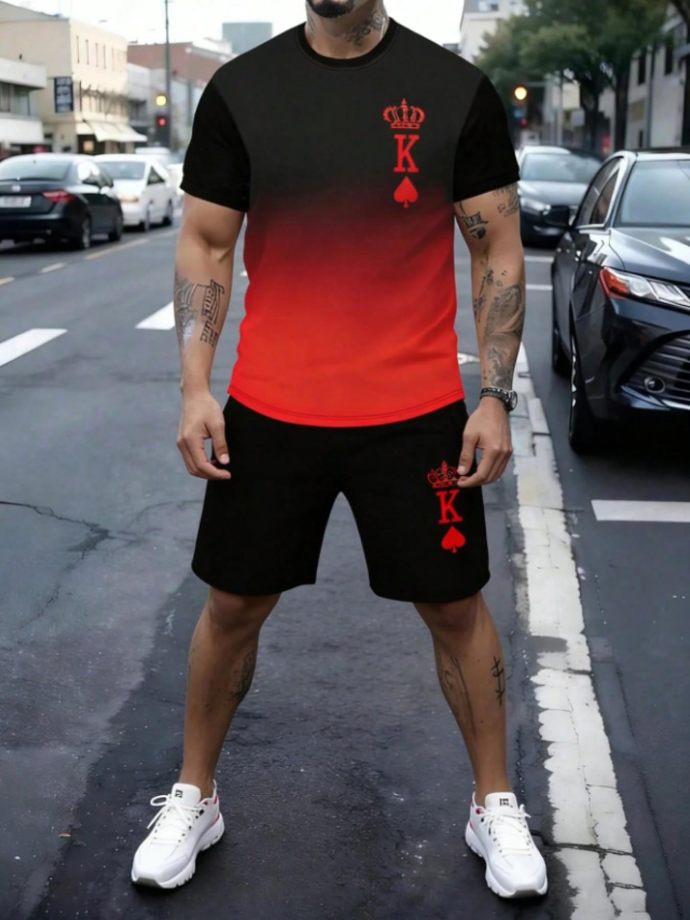 Men's 2-Piece Casual Set, Round Neck Short Sleeve T-Shirt and Shorts, Fitted Above Knee, All over Print, Sporty Style