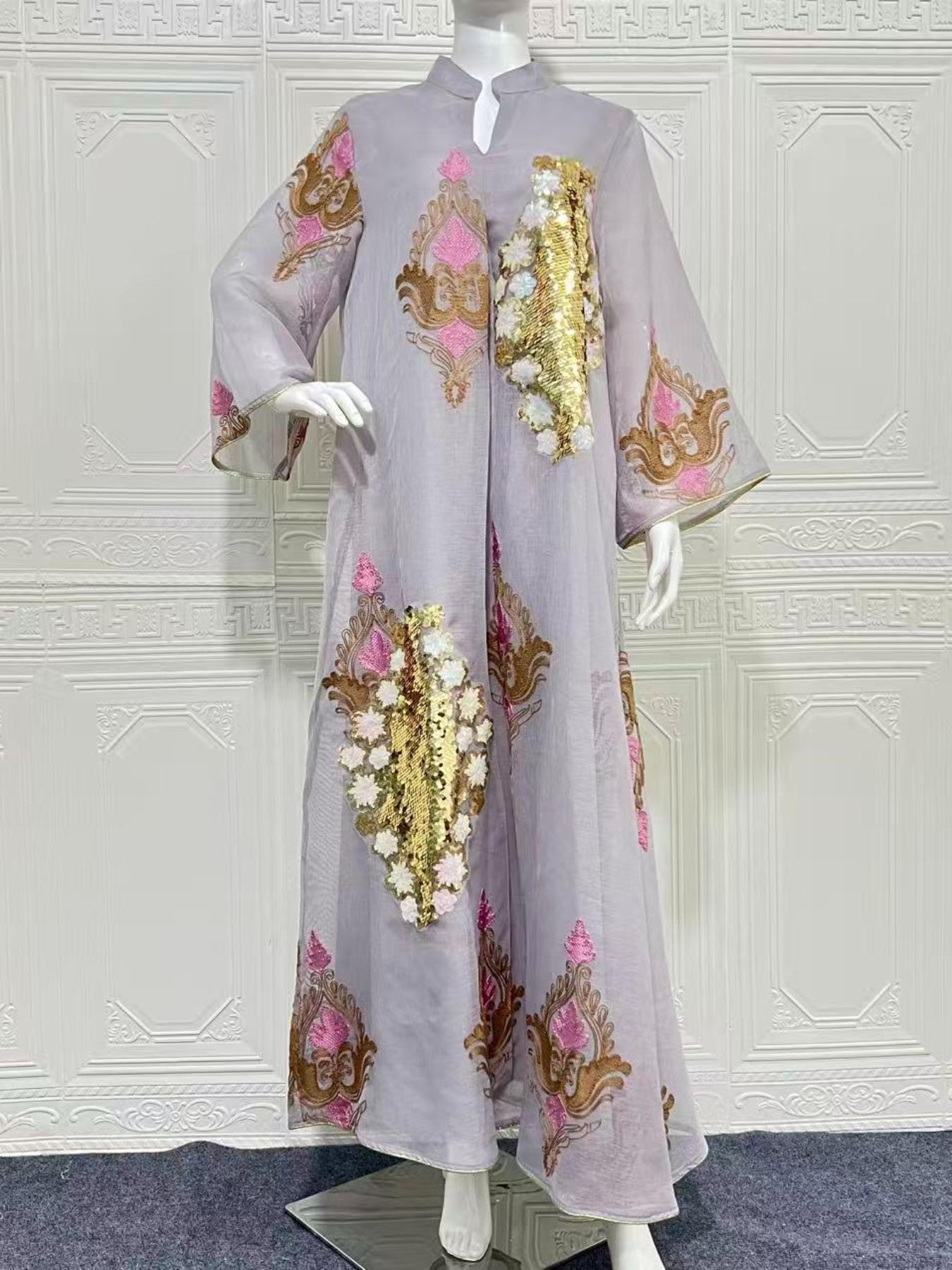 Women's Ethnic Pattern Embroidery Dress, Modest Elegant Long Sleeve Dress for Party Wedding Guest, Ladies Spring Islamic Clothing