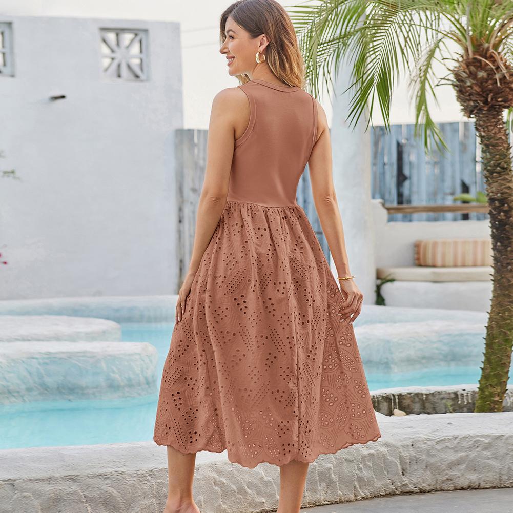 Grace Karin Women's Contrast Fabric Sleeveless Crew Neck Mid-Calf Flared A-Line Casual Dress