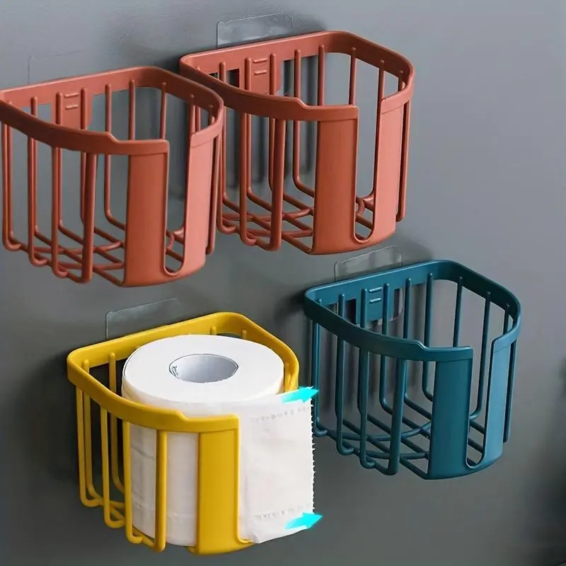 Modern Wall-Mounted Toilet Paper Holder - 1pc No-Drill Easy-Install PVC Storage Rack, Space-Saving Bathroom Gadget Available in 4 Vibrant Colors (Orange, Teal, Yellow, Dark Teal)