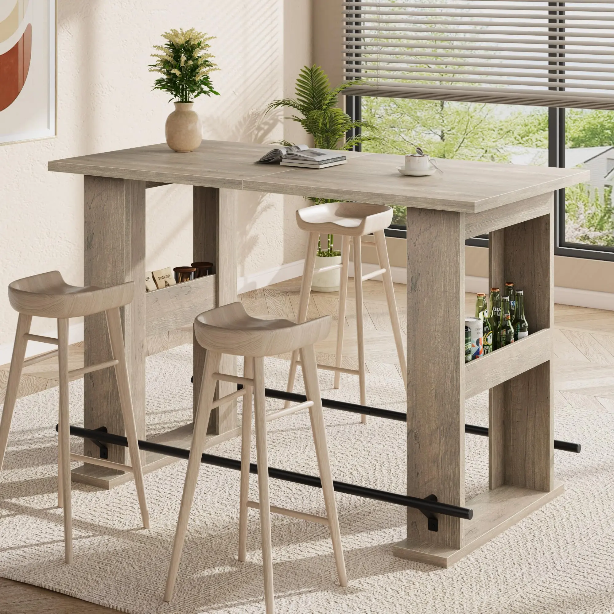 Farmhouse Rectangular Bar Table with Storage Shelves – 63-Inch Counter Height Dining Table – Metal Footrest – Multi-Purpose for Kitchen, Dining Room, Game Room