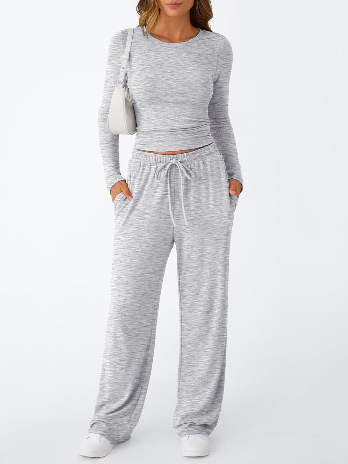 2026 Women's 2 Piece Matching Loungewear Set, Long Sleeve Slightly Crop Top & Wide Leg Drawstring Pants, Casual Sweatsuit for Comfortable Wear