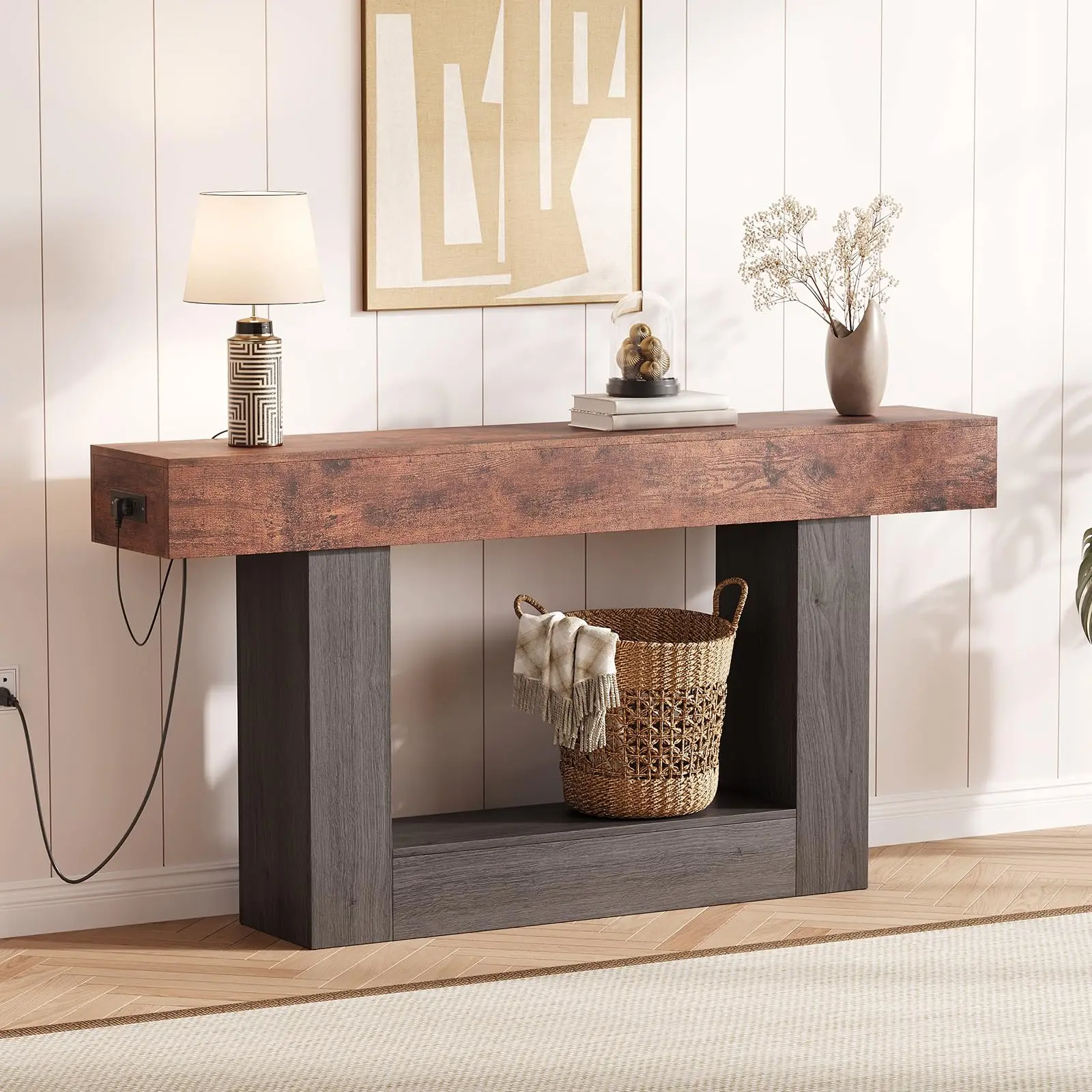 63-Inch Rectangle Hallway Entryway Table with Built-In Charging Port, Power Outlet & USB Ports, Rustic Farmhouse Media Console for Living Room Indoor Furniture
