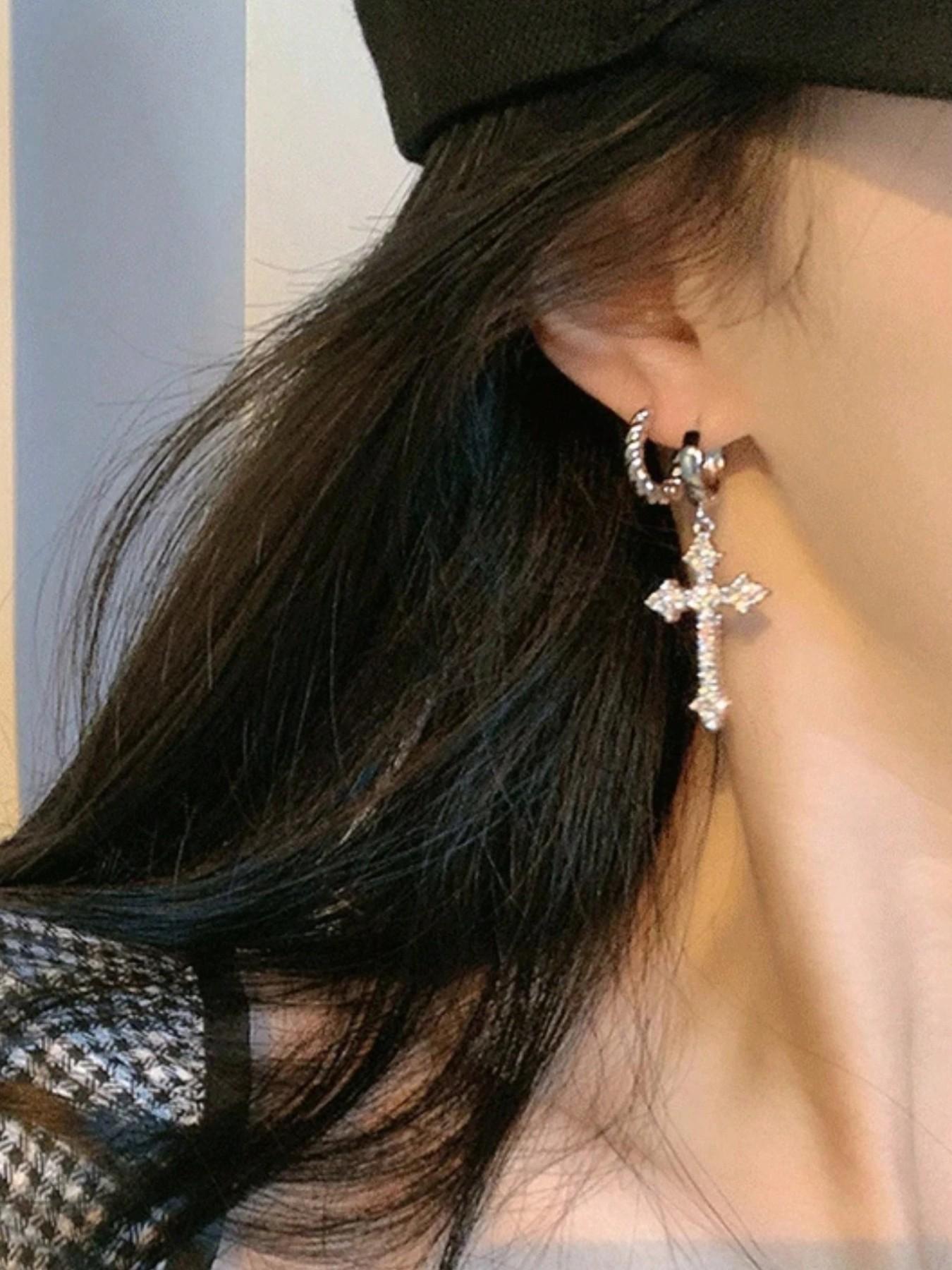Elegant Rhinestone Cross Pendant Earrings, Unique Women's Party Jewelry, Perfect for Evening Events, Stylish and Eye-Catching Design