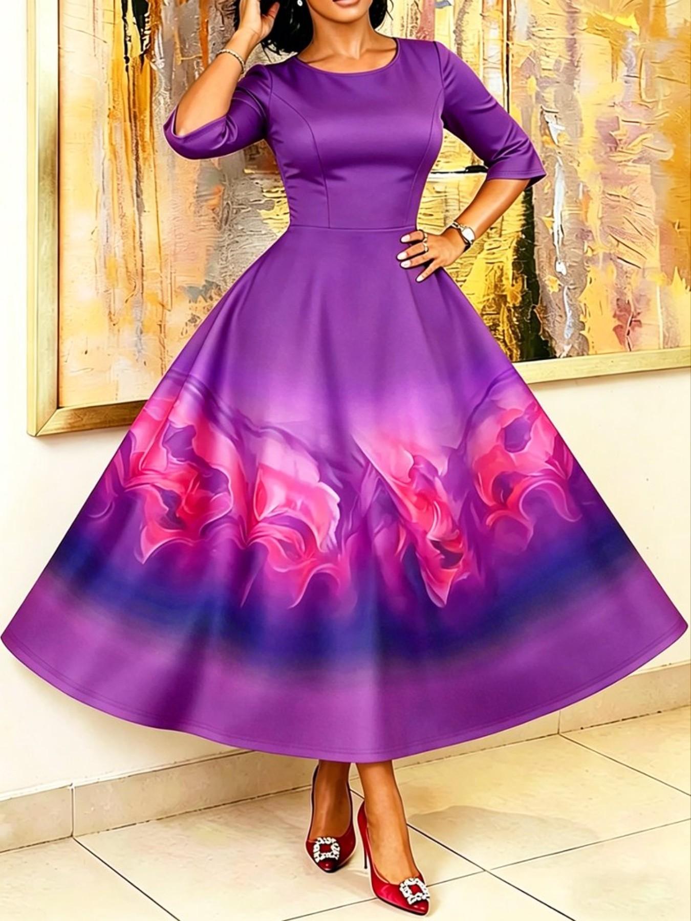 Women's Summer Fashion Elegant Classy Flattering Gradient Long Dress, Slim-Fitting Half Sleeve Print Dress, Perfect for Evening Parties and Events