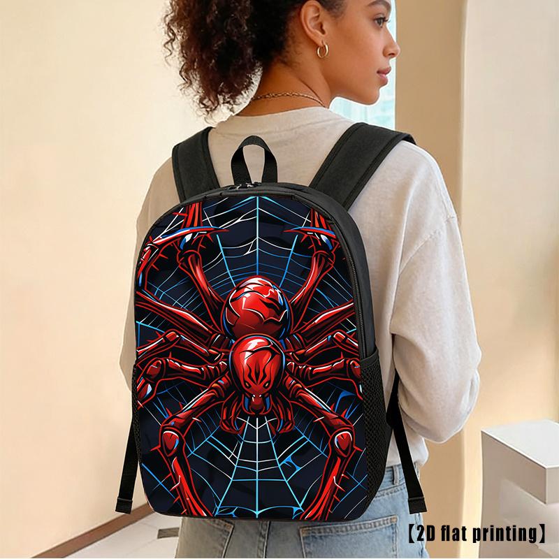 Durable Water Resistant Single Kids Backpack, Lightweight 600D Oxford School Daypack with Vivid Red Glossy Spider & Blue Cobweb Graffiti Full Print, Breathable Padded Strap Large Capacity Superhero Casual Bookbag for Boys & Young Fans