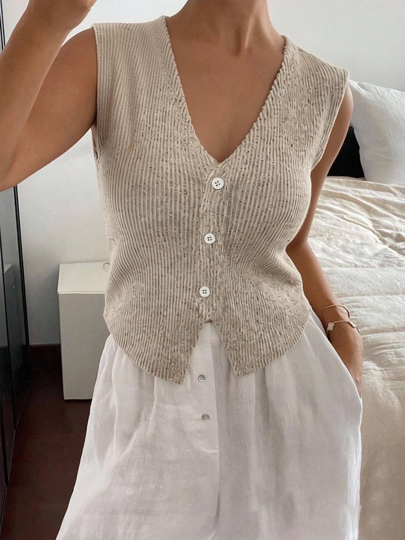 Ribbed knit vest for women, sleeveless V-neck button up crop top, soft and breathable casual knit vest, Y2K aesthetic summer set, multifunctional layered item for daily/office/dating, minimalist chic knitted fabric