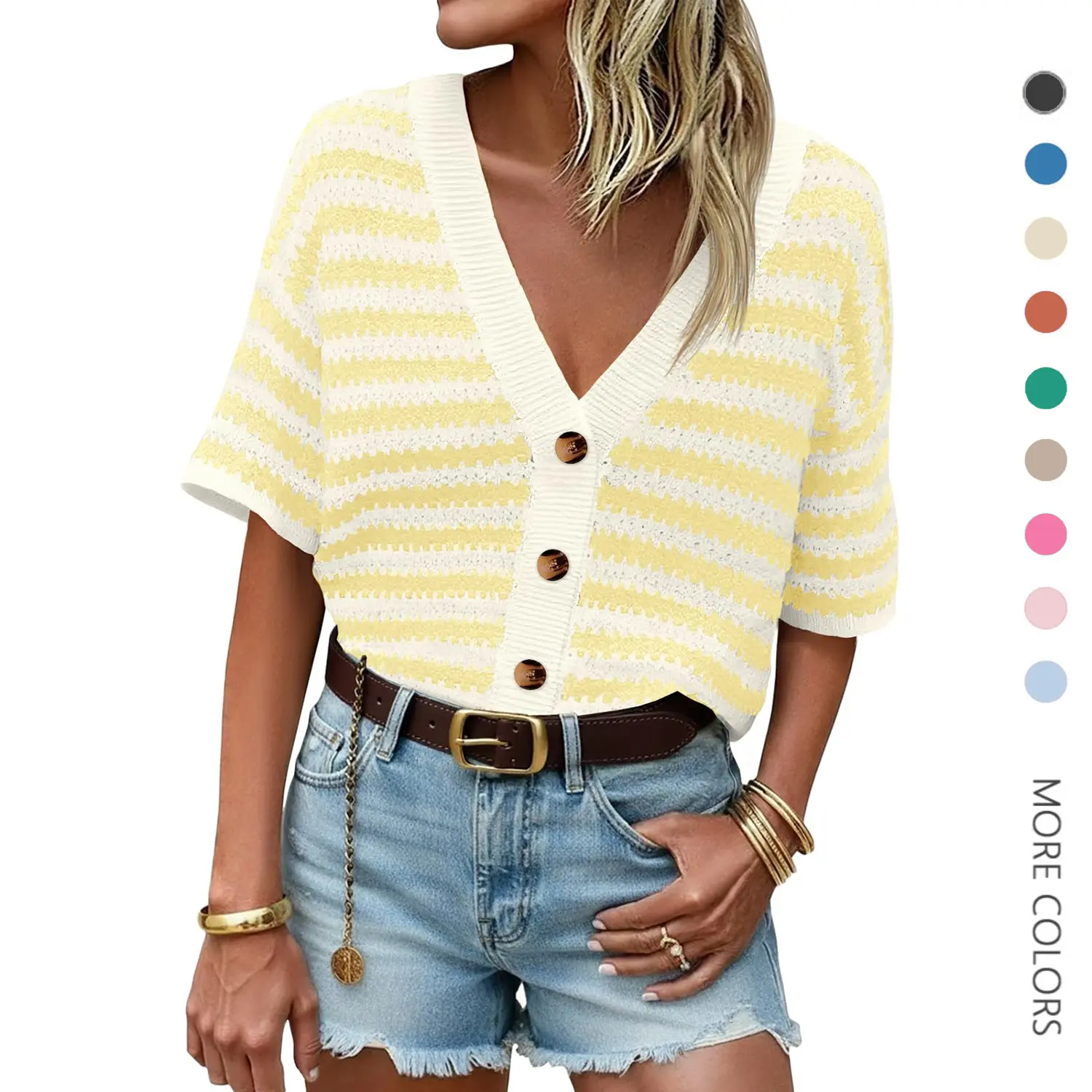 Womens Striped Short Sleeve Cardigan Button Up Crochet Sweater | V Neck,Spring Summer Tops,Lightweight Knit,Spring Summer Style