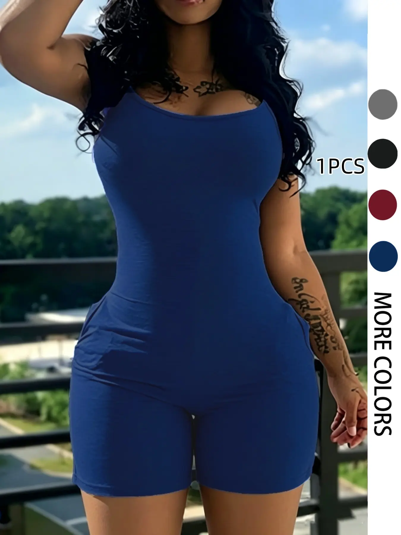 Fashion Casual Women's Bodycon Romper Plain Slim Fit Pocket Sleeveless Adjustable Strap Short Jumpsuit