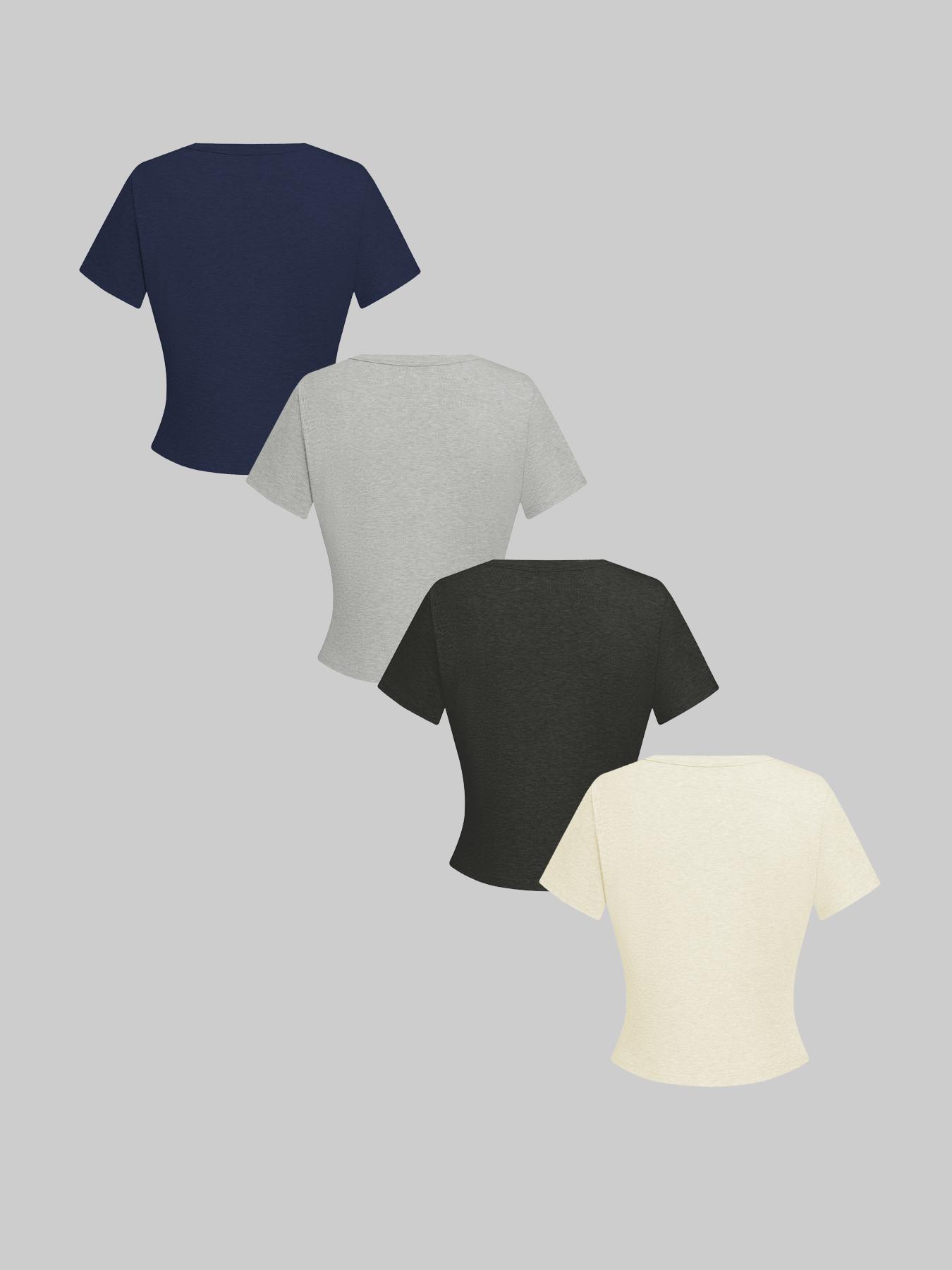 Women's Plain Button Front Ribbed Tee Set, Casual Chic Minimalist, Casual Short Sleeve T-shirt for Daily Wear, Ladies Clothes for All Seasons