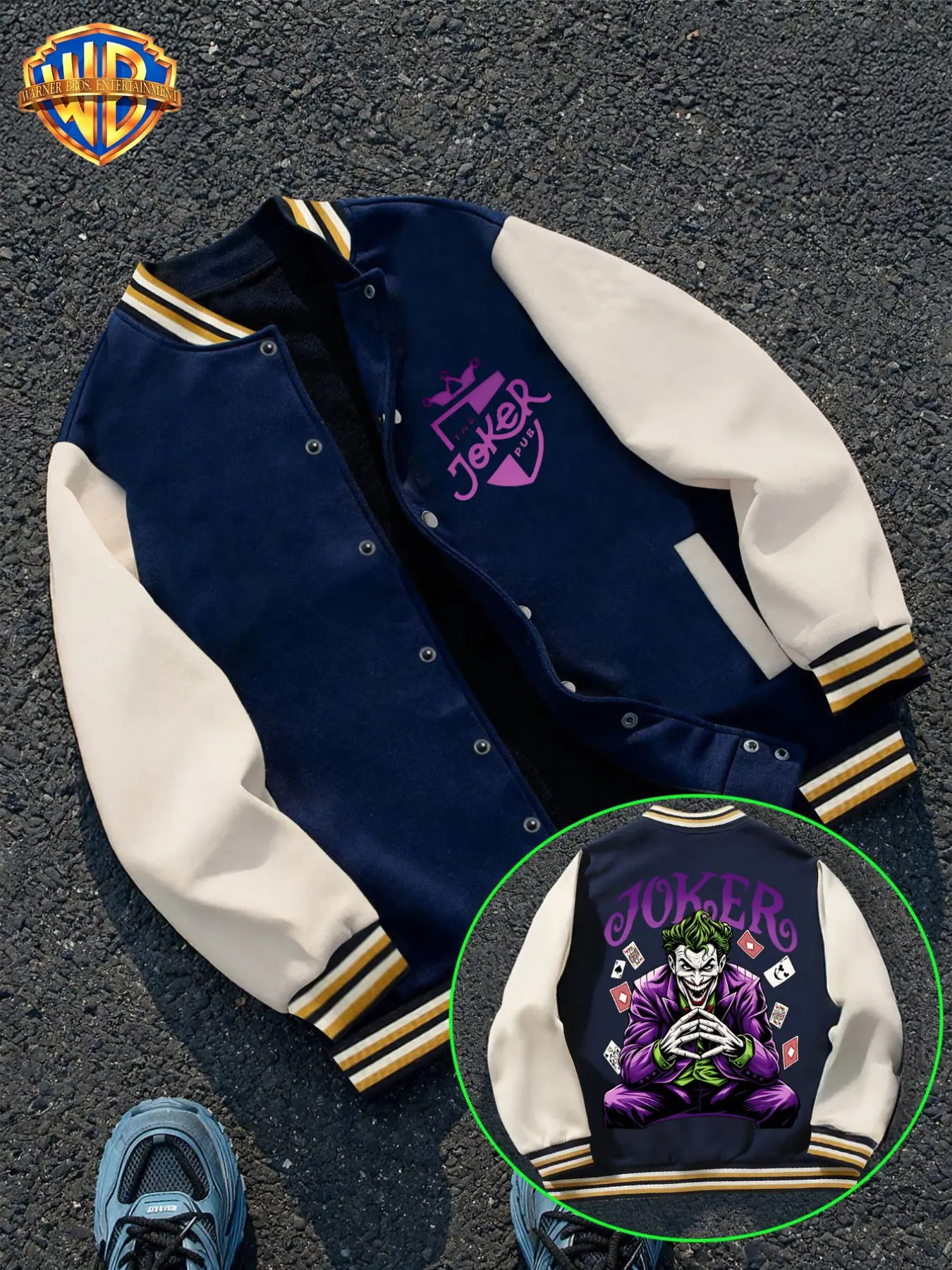 Wb Warner Bros. Joker Graphic Varsity Jacket Coats, Color Block Raglan Sleeve, Button Up Streetwear, Halloween Costume Jacket