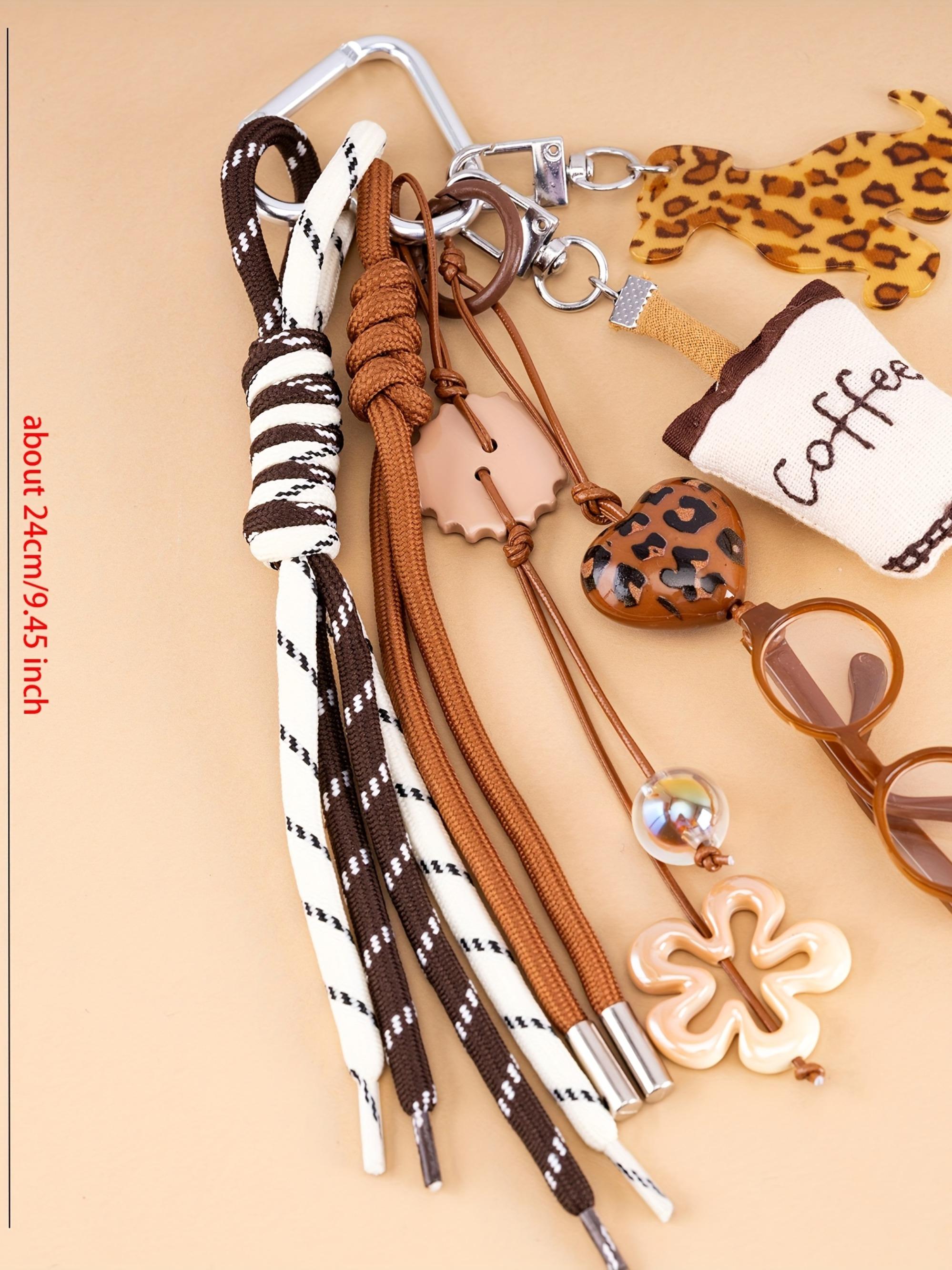 Luxury 2D Eyes Glasses Keychain,Coffee Brown Leopard Print Dog Key Bag Charm Coffee Cup Pendant Heart Flower Beaded Charms Braided Rope Fabric Coffee Cup Keychain Lanyard for Men Women Keys,Backpack Keyring Decoration Ornaments Purse Charms Accessories