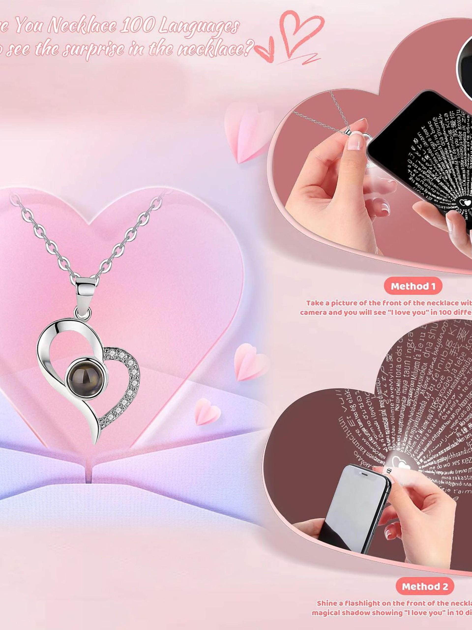 100 Languages Projection Necklace, Rose Flower Bear Birthday Gift Box, Blessing Message Card, Perfect Present for Special Occasions