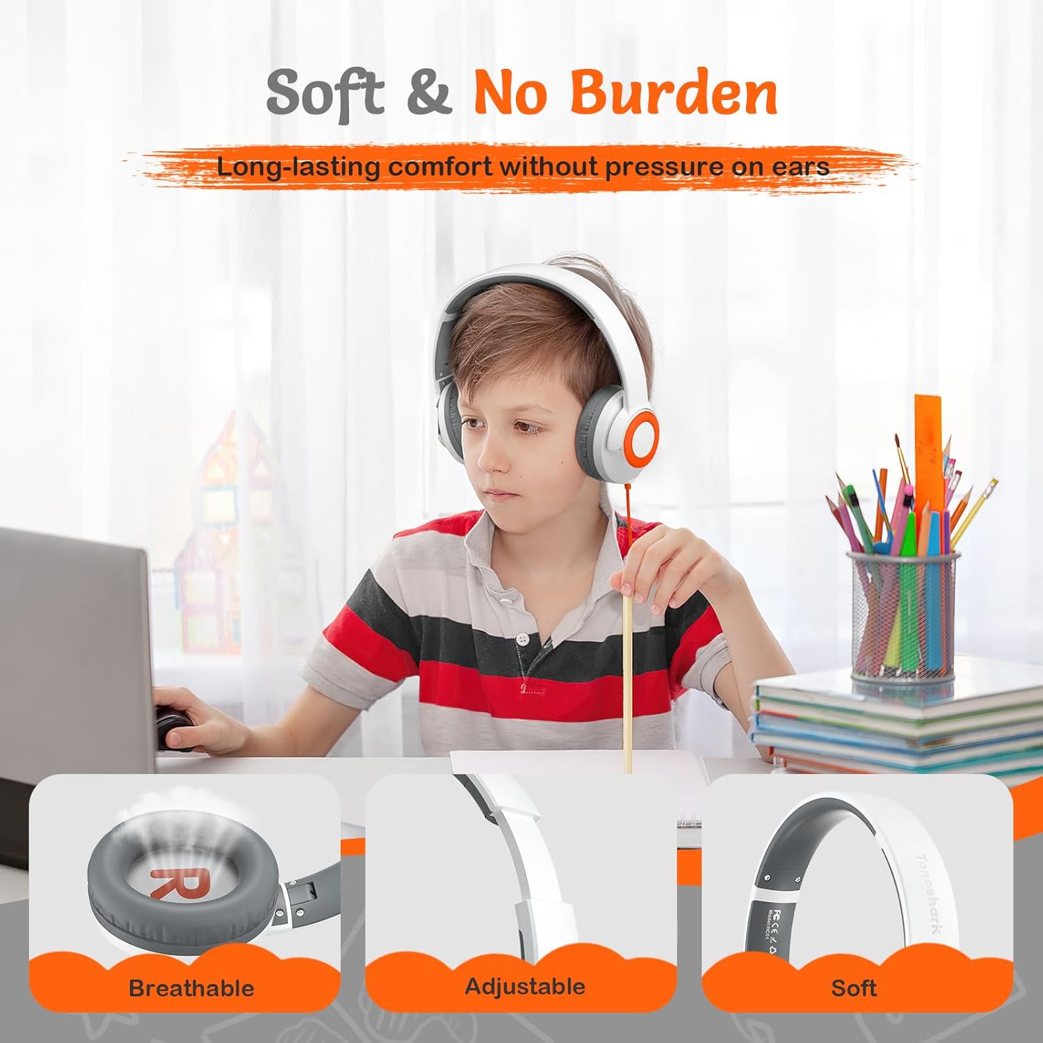 Wired Headphones with Microphone, Volume Limited to 85/94dB, Foldable 3.5mm Jack Headset for Girls,  Over-Ear Headphones for School, Study & Travel, Includes Carry Case(White)