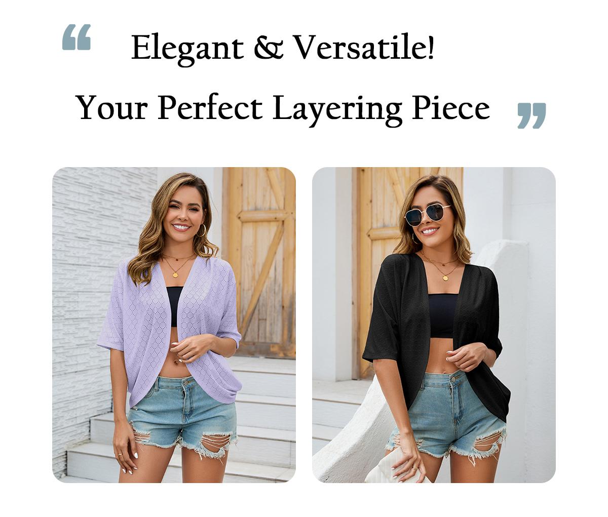 Chicovar Women Cardigan Summer Open Front Basic Kimono Eyelet 3/4 Batwing Sleeve Knitwear Minimalist Tops Lady Lightweight Dressy Cardigans Loose Casual Cover Up Tops