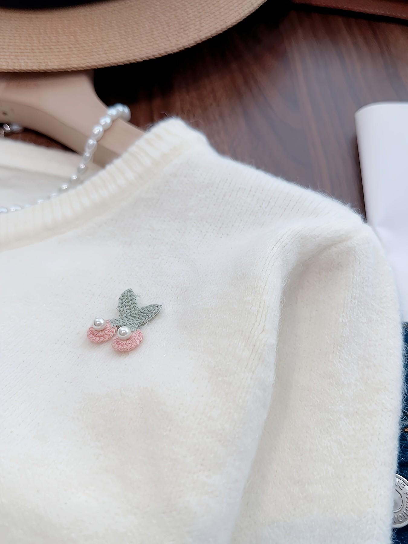 Women's Cherry Embroidered Knit Jacket, Spring & Fall Slim Fit Casual, Elegant Pearl Button Cardigan, Perfect for Dates & Outdoor Activities