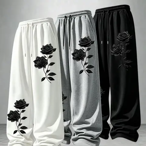 Men's Loose Rose Print Drawstring Straight Leg Sports Pants, Adjustable Waist, Outdoor Versatile Casual Long Pants, Menswear