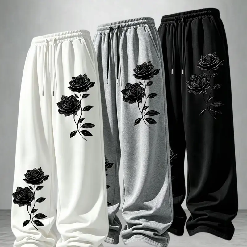Men's Loose Rose Print Drawstring Straight Leg Sports Pants, Adjustable Waist, Outdoor Versatile Casual Long Pants, Menswear