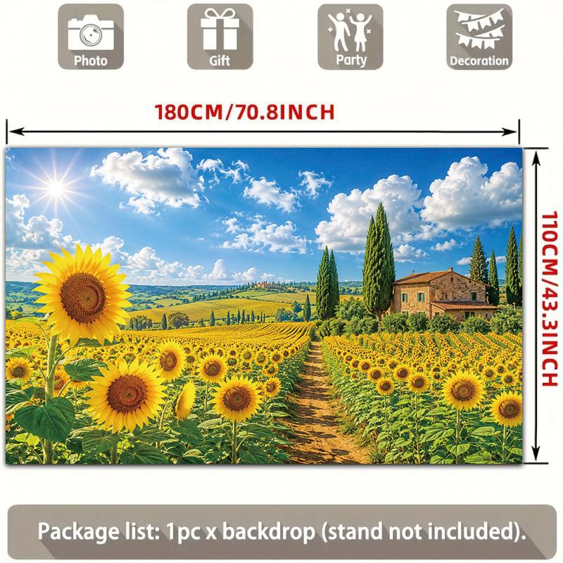 Tuscany Sunflower Field 2D Flat Banner | Rustic Countryside Landscape Backdrop | Single-Sided Polyester | Metal Grommets for Easy Hanging