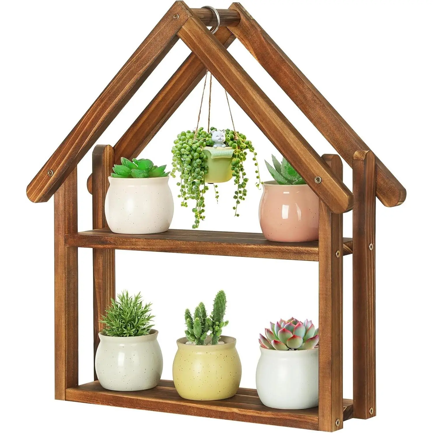 Small Windowsill Plant Stand Desktop Succulents Holder | House Shaped Display Stand 2 Tier Wooden Plant Shelf for Kitchen Living Room Office