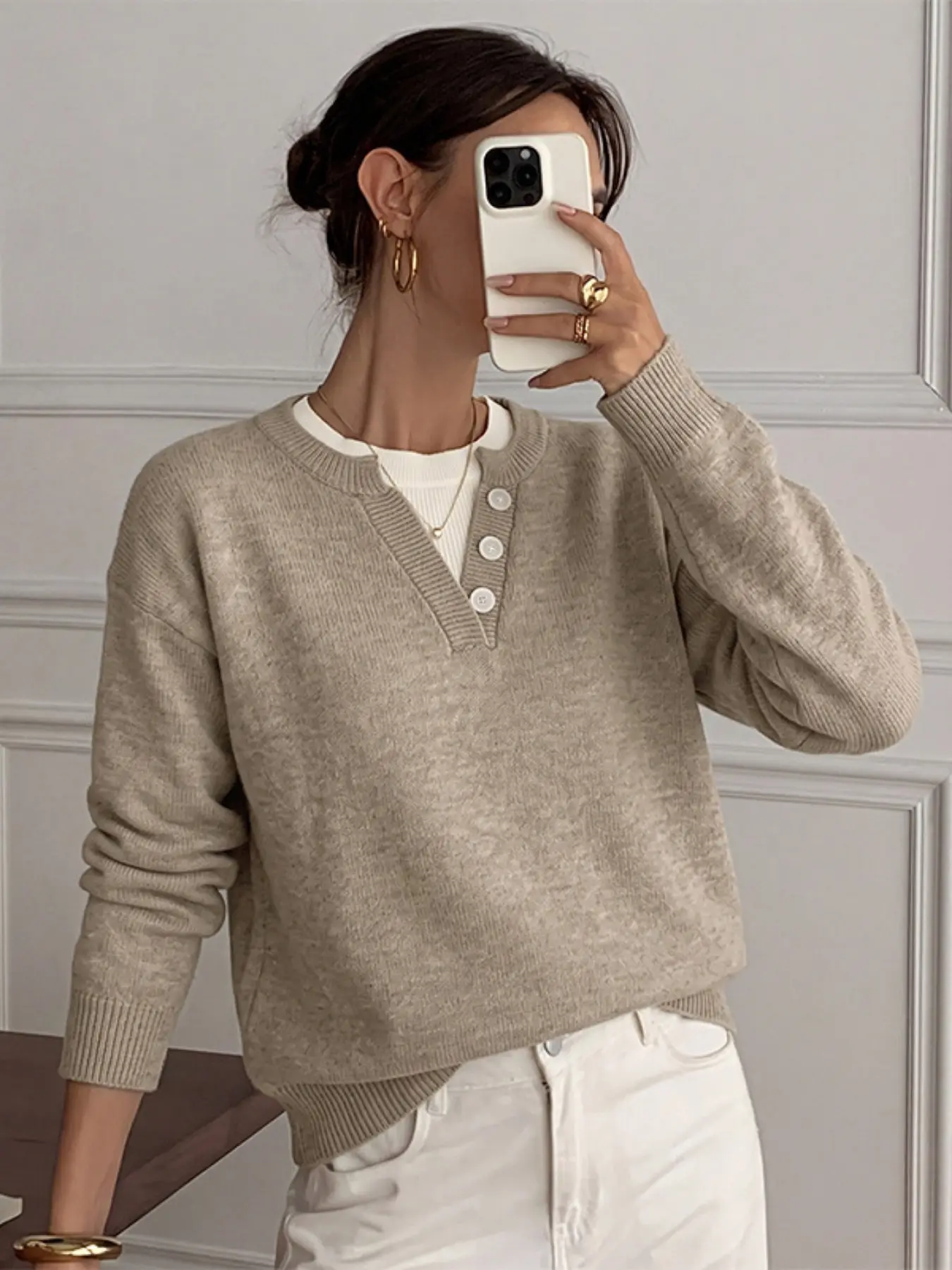 Women's Fall Winter Earth Tone Basic Sweater, Fake Two-Piece Half-Open Button Knit Pullover, Casual Loose Top, Comfy Outwear, Casual Pullovers