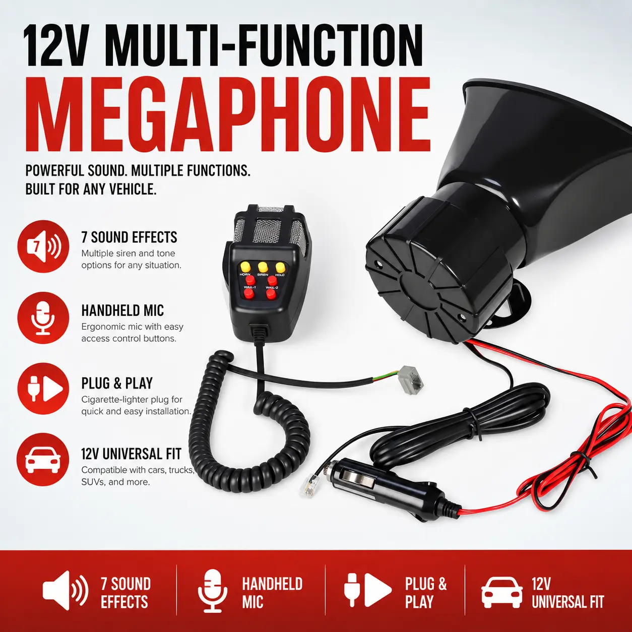 7-Sound 12V Car Megaphone with Handheld Mic, Universal Vehicle PA Speaker System with Easy Plug-and-Play Installation for Cars, Trucks, Motorcycles, ATVs & UTVs