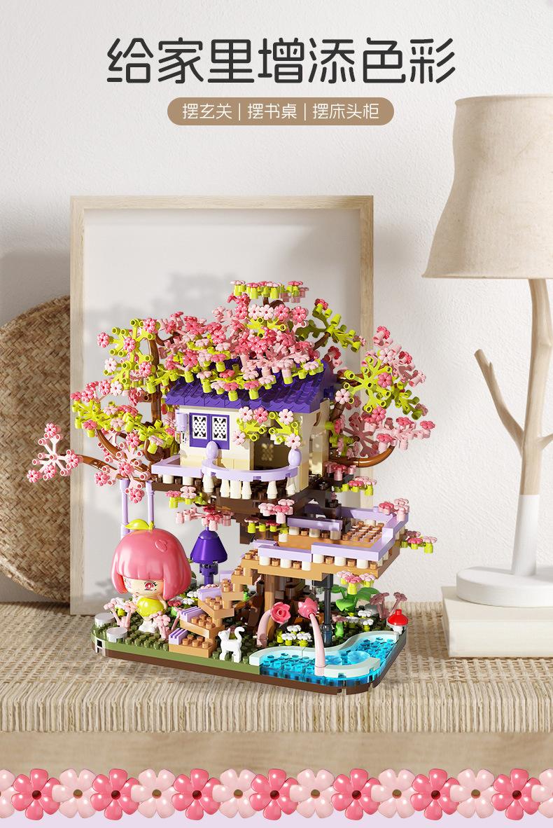 Cherry Blossom Tree House Building Block Villa Wooden Assembly Educational Toy with Detailed Floral Decor for Kids and Adults
