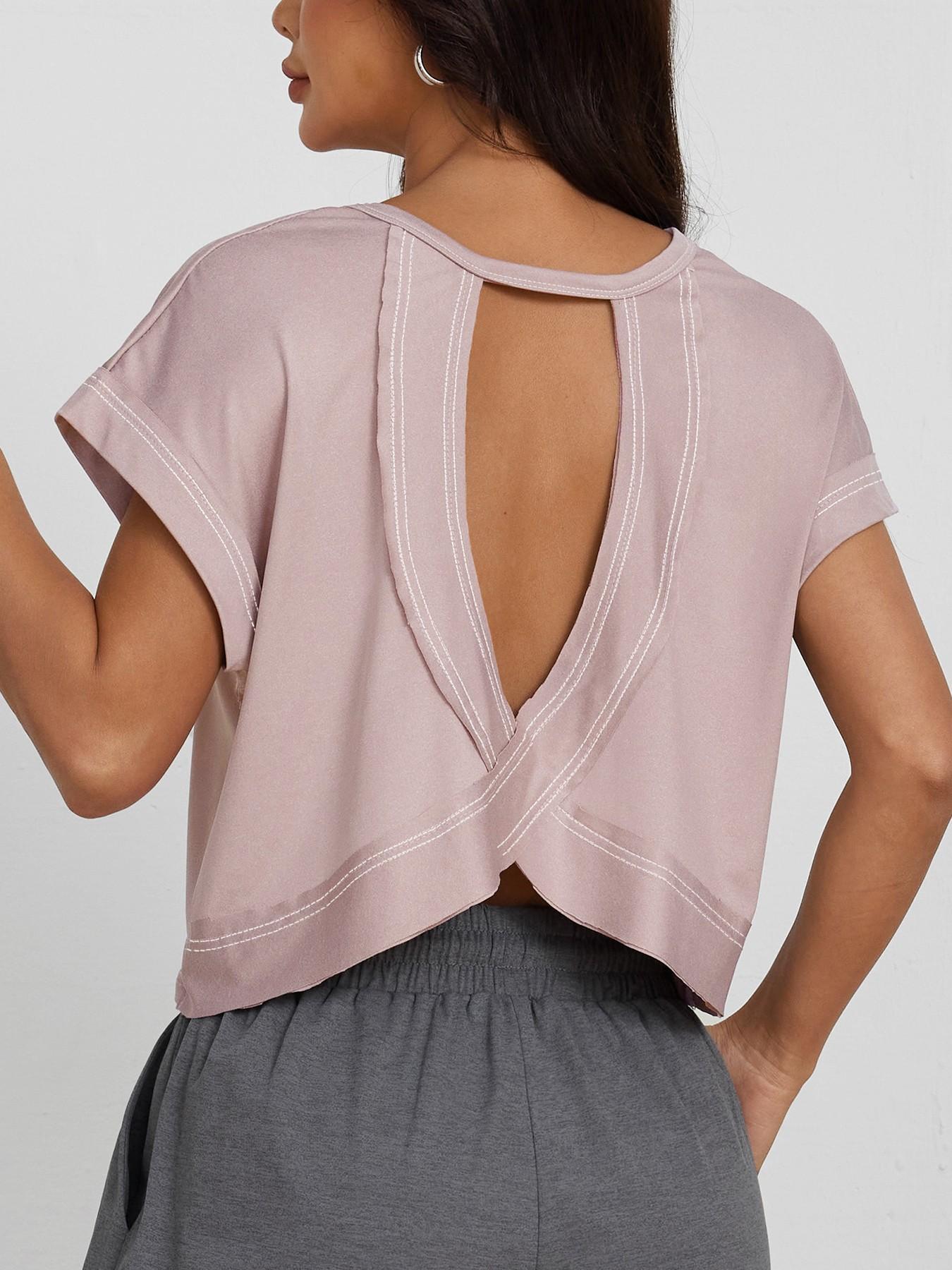 Women's Spring Summer Back Cutout Criss Cross Design Elastic Drop Shoulder Top, Hollow Back Activewear Casual Short Sleeve Fitted Tee for Gym Outdoor Running