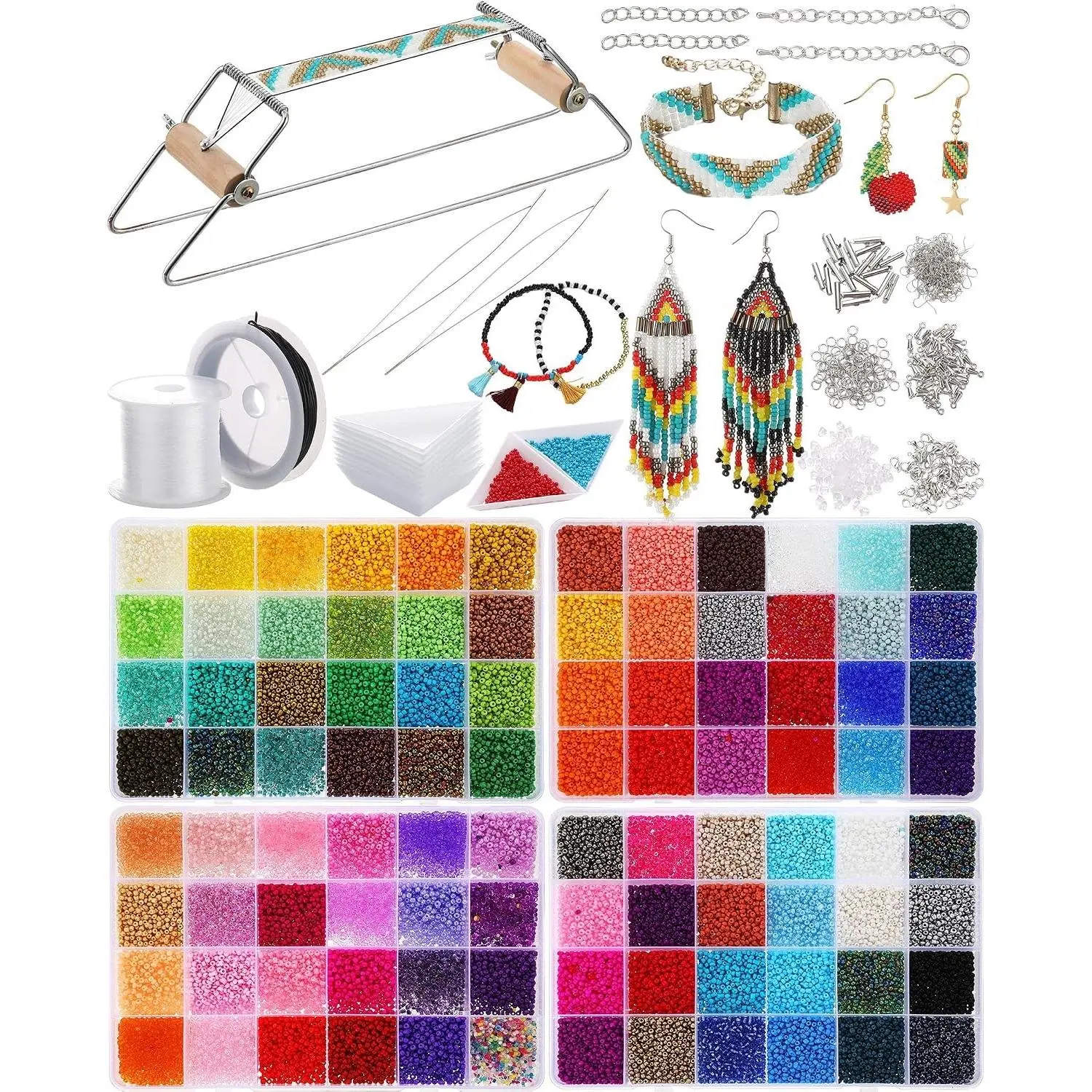 Bead Loom Kit for Adults 48000 Pcs Beading Loom Supplies with 96 Color 2 mm Glass Seed Bead Jewelry Earring Making Tools DIY Craft Gifts for Women Valentine's Day