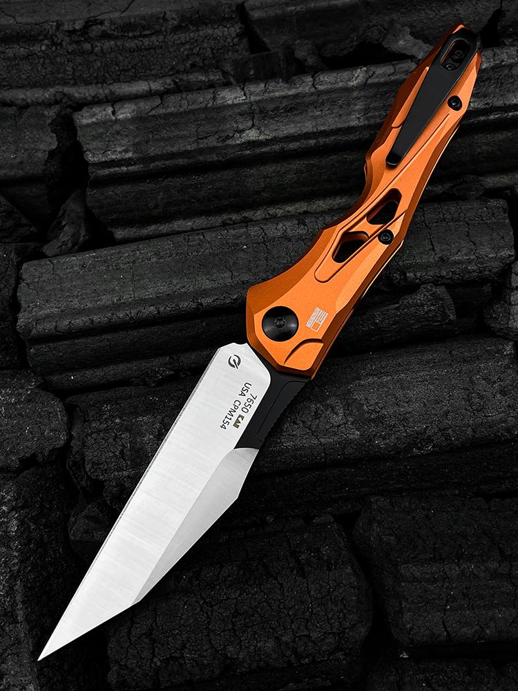 7650 Launch 13 Folding Pocket Knife 3.5" CPM-154 Stainless Steel Wharncliffe Blade, Orange Anodized Aluminum Handles Outdoor Hiking self defense tactical knife Camping Fishing Tools Knife EDC Knife