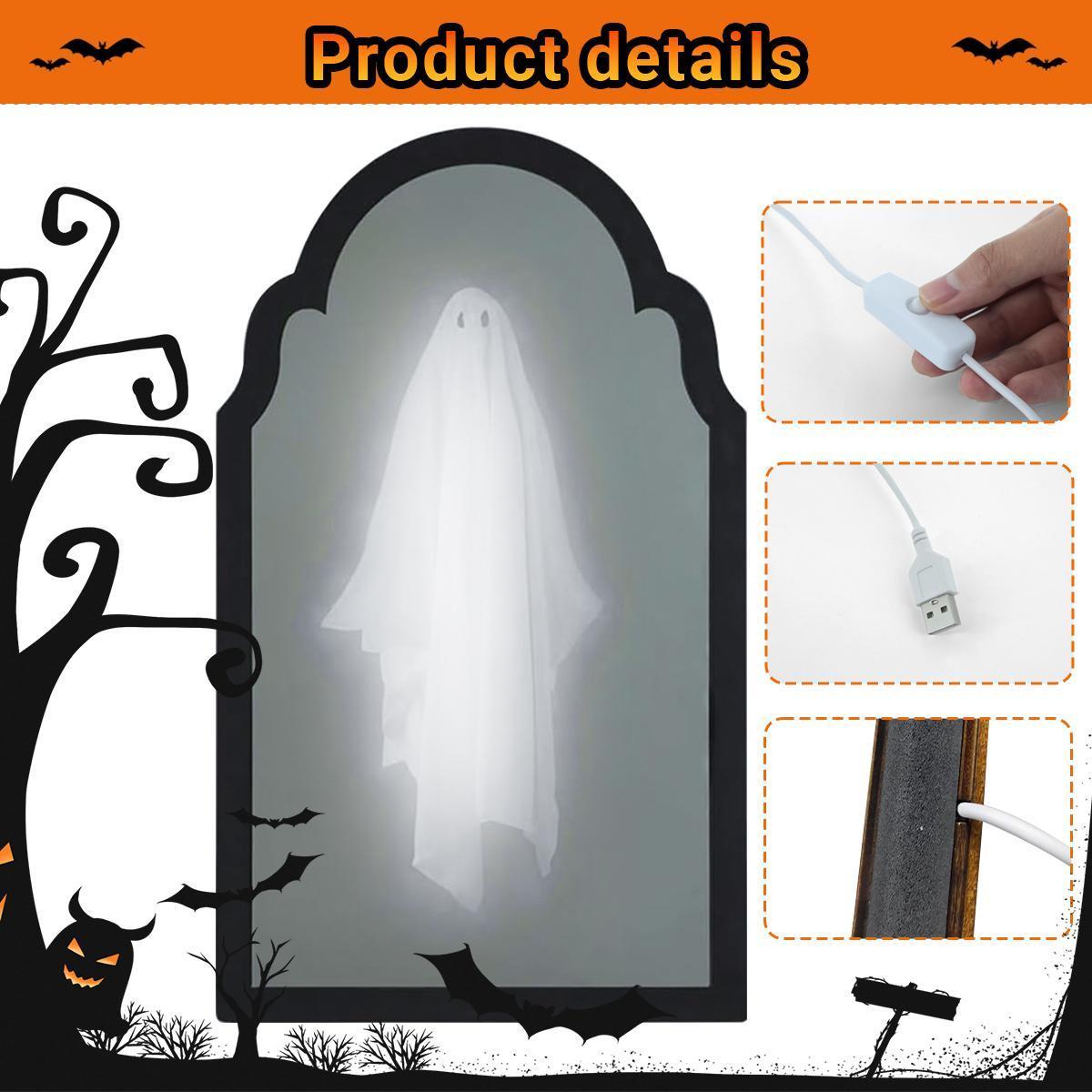 Ghost Mirror Halloween Decor – LED Holographic Ghost Illusion Mirror, 2-in-1 Daytime Mirror Nighttime Ghost, Spooky Tabletop Decoration for Mantel Shelf Party, Creepy Cute Gift for Kids Adults