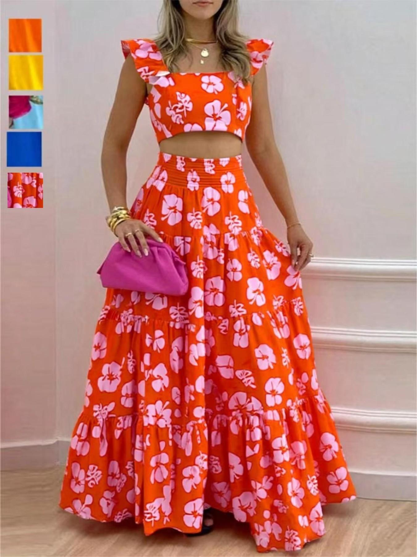 Sexy Vacation, Perfect for Daily Wear, Party Dress, Sleeveless Strap Top Ruffles Skirt Set, Elegant, Chic and Stylish, Ideal for Special Occasions