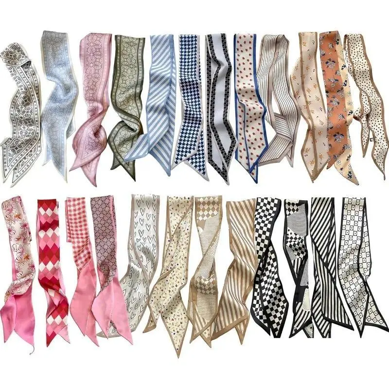 Women's 24-Count Silk-Smooth Lightweight Accessories Set - Fade-Resistant Dyes Stay Vibrant Rectangular Wraps (38.6x2.7in), Headbands, Fabric Print Neckerchiefs, Bag Accents for Everyday Adult Casual Use, Assorted Prints, Bag Accessories, Unisex