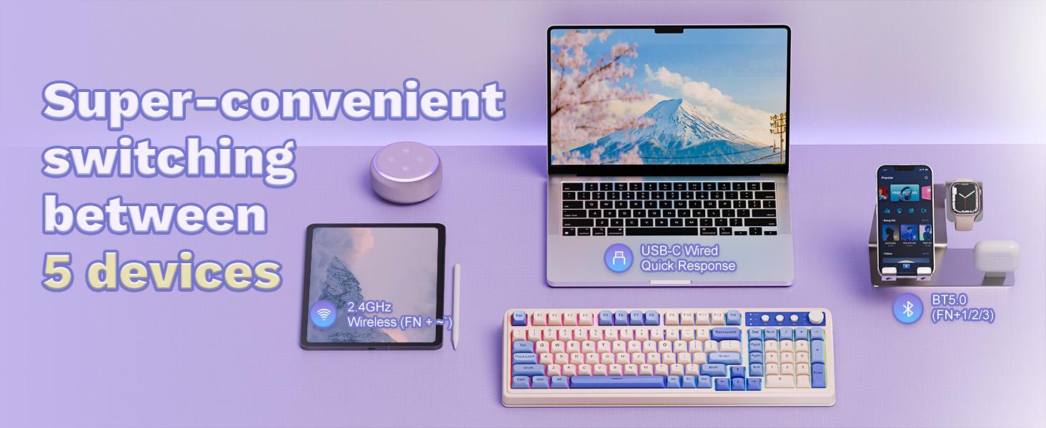 【TOP】AULA S99 Key Keyboard, Tri-Mode Bluetooth/2.4GHz/USB-C Cute Creamy Gaming Keyboard with Number Pad RGB Backlit, Media Knob Custom Mechanical Feel Computer Keyboard for MAC Xbox PC Gamer -Fixed Keycaps & Switches (Non-Replaceable)