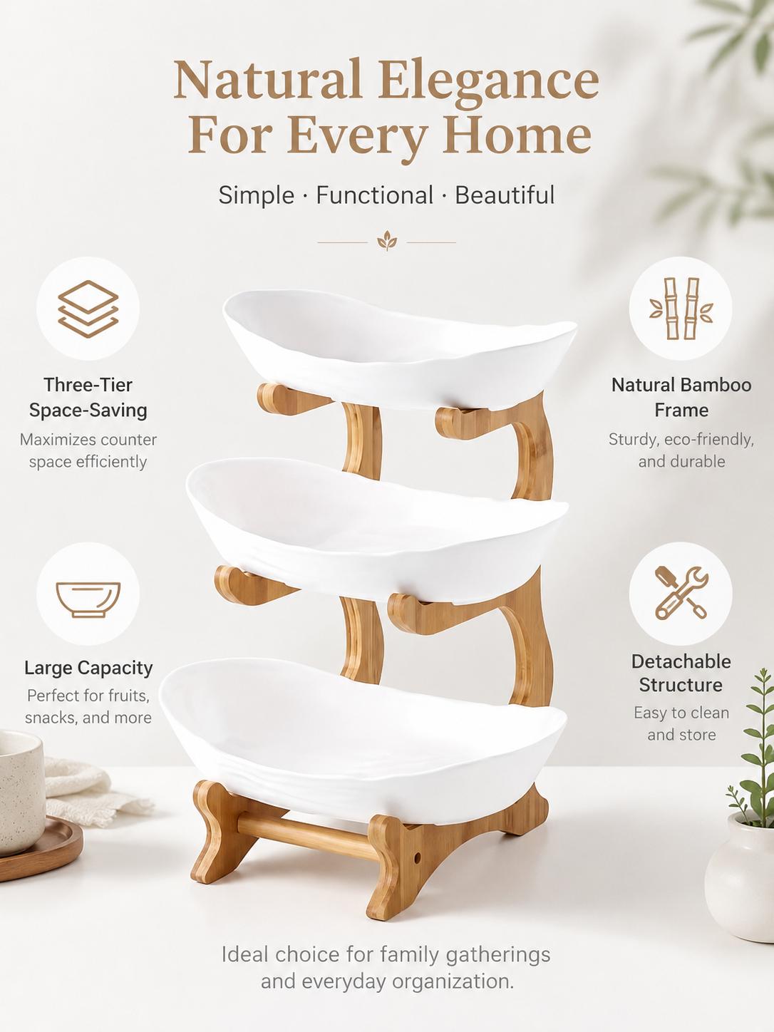 Littleox Three-Layer Stylish Fruit Platter for Party Organizers — Sophisticated Wooden Style Plastic Serving Trays for Family Snacks & Bread, Space-Efficient 3-Tier Design for Living Room Decor