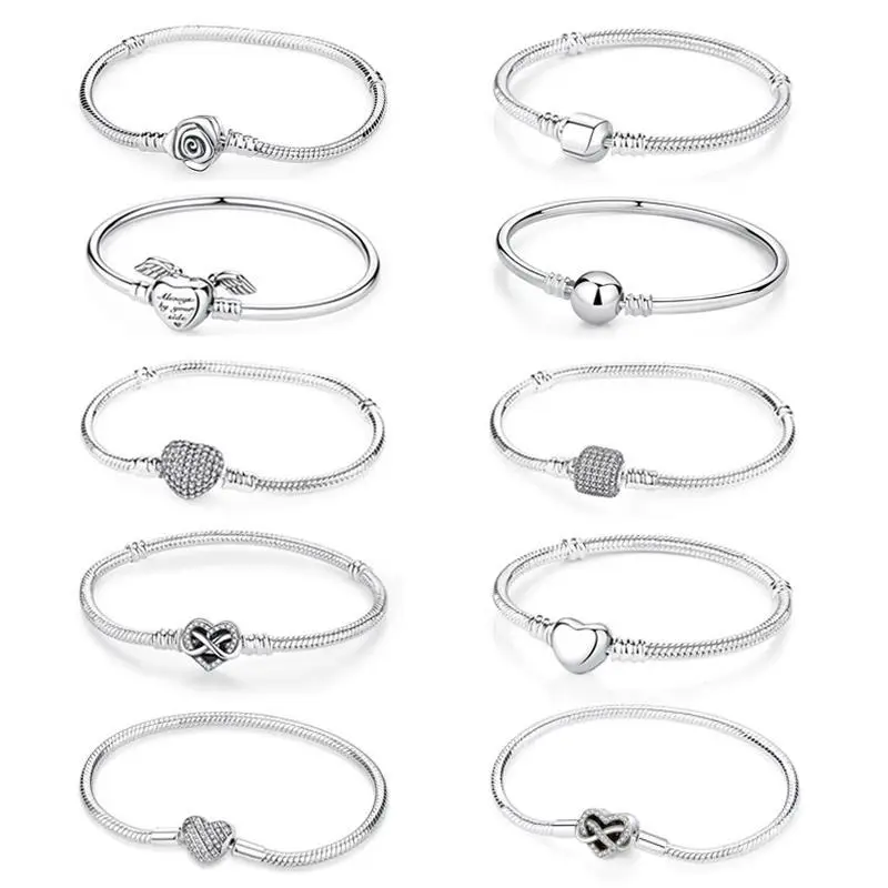 Women's Original 925 Sterling Silver Bracelets - Snake Chain, Heart Beads, Love Heart Clip Charms, Rose Gold DIY Luxury Jewelry - Charm Compatible, Retro Look, Everyday Wear, All Seasons, Hearts & Beads